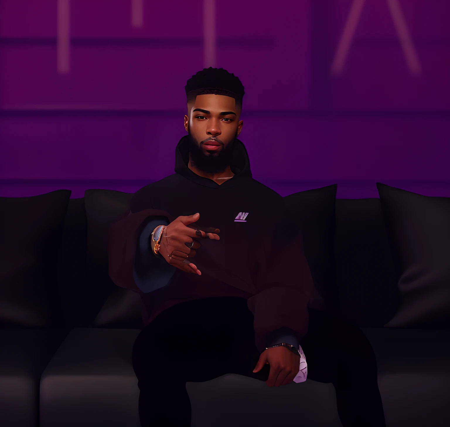 Arafed man sitting on a couch with a purple background, arte digital. @mariomaniacdude, inspirado em Xanthus Russell Smith, IMVU, No estilo de Tyler Mitchell, solo portrait 🎨🖌️, promotional render, Retrato NFT, suave em _ O pano de fundo, realismo artstyle, ( ( pele escura ) ), inspirado em Frank Mason