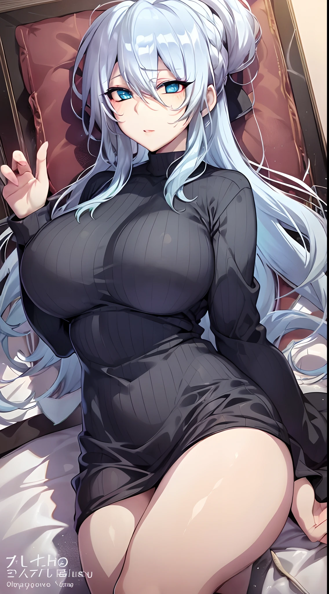 Yukino, in bed, silver hair and  blue eyes, black shirt and no bra, anime visual of a cute girl, screenshot from the anime film, & her expression is solemn, in the anime film, in an anime, anime visual of a young woman, she has a cute expressive face, still from anime, big breast, red cheek, lustful face