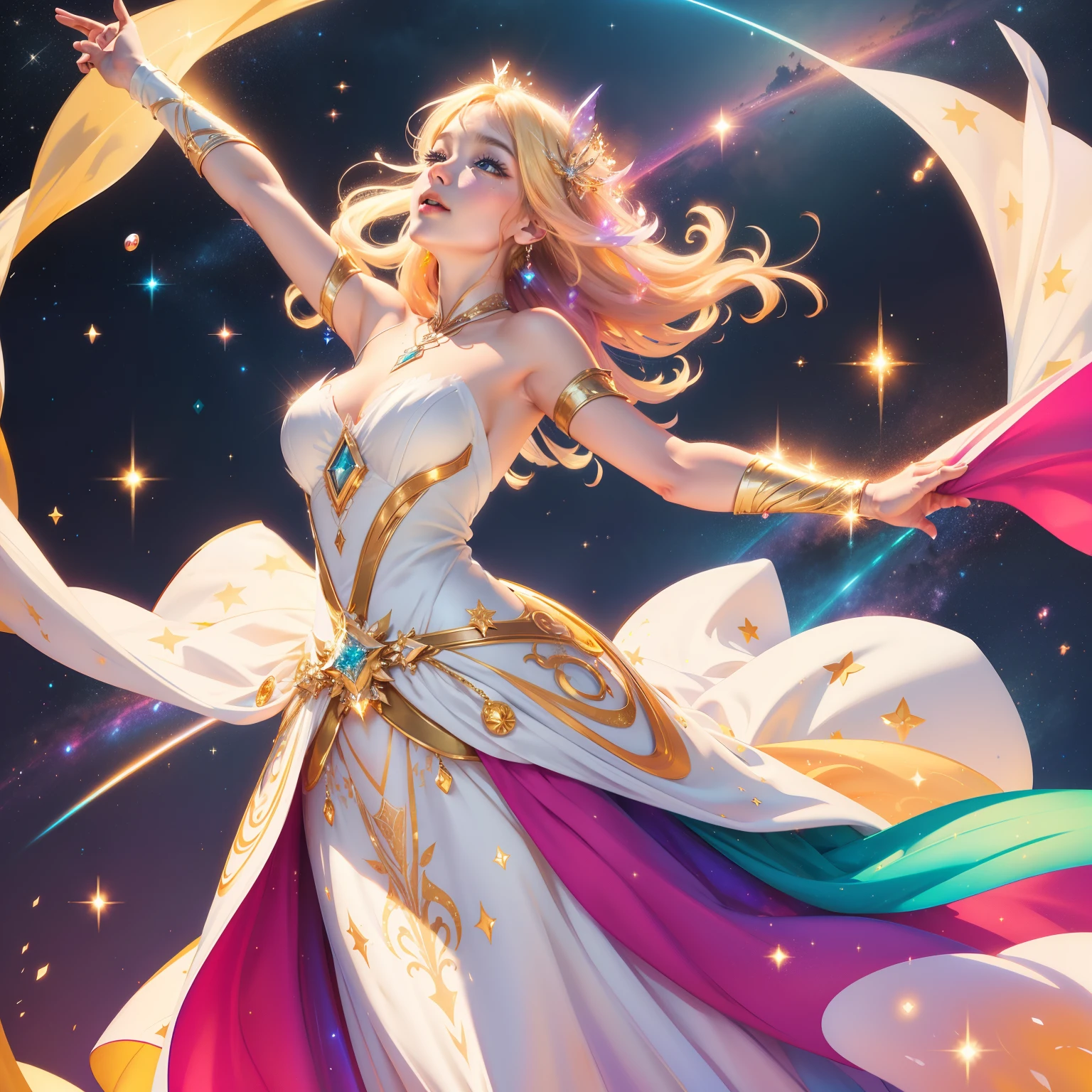 Radiant woman、beatiful lights、Looking Up、Aired dress、the wind、Colorful、colourfull、Glitter、Deities々Right、Power from space