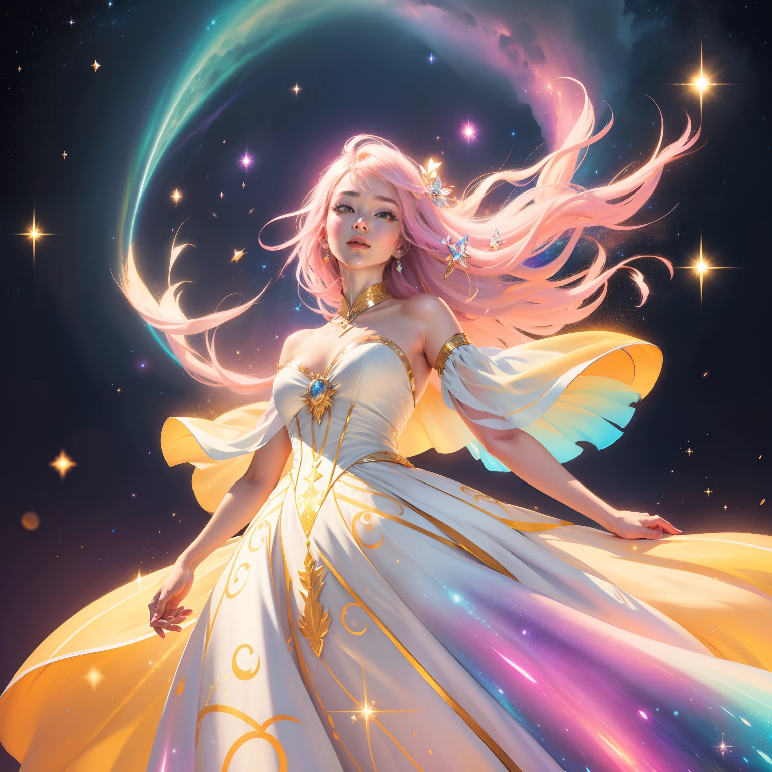 Radiant woman、beatiful lights、Looking Up、Aired dress、the wind、Colorful、colourfull、Glitter、Deities々Right、Power from space