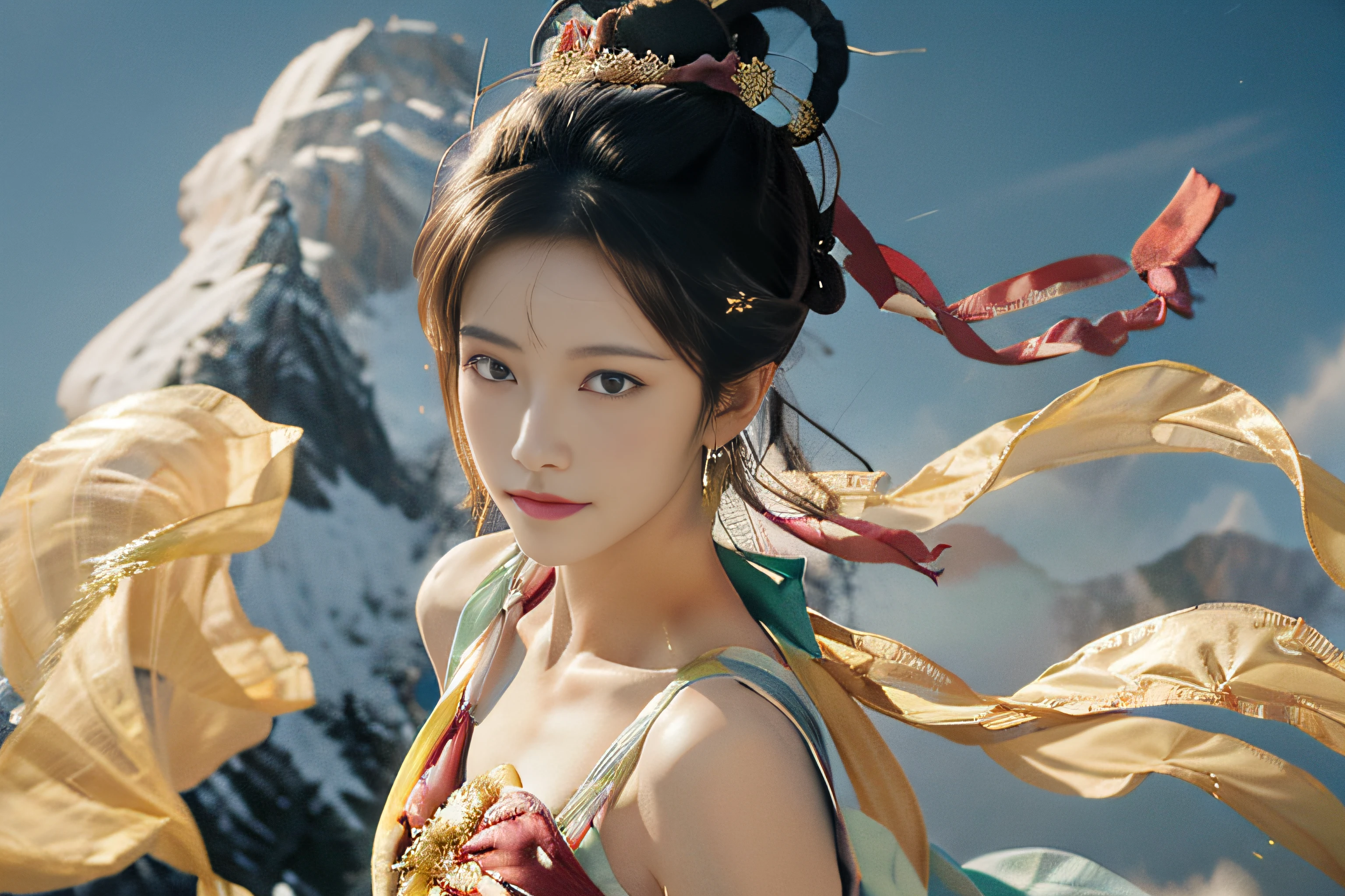Masterpiece, Surrealistic, 32k, very detailed CG unified 8k wallpaper, best quality, realistic, Dunhuang Apsaras photo, 1 girl, (white robe), in a charming scene, rich background, Swiss Alps, Switzerland, (Haruhi)), very detailed, exquisite beautiful face, big eyes looking at the audience, The background and characters are clear，natural expression, charming smile, Bust photo, Dance, Dunhuang costume, Dunhuang style, arms, dancing with ribbons, colorful ribbons blowing in the wind, golden jewelry, dance postures, Dancing finger pose，(Fingers are normal and natural)，Ancient Chinese hairstyles, flowing hair, streamers, flying in the air, light makeup, eye shadow, brow lines, (face), dynamics, petal flight, Details, Jewelry, earrings, bracelets, shoulders, Intricate textures, chest, Guqin, wind pipe, A beautiful woman is flying through the air, soaring on the clouds, the wind gently lifting her robe, emphasizing the feeling of flight as they gracefully fly across the ethereal cloud scene