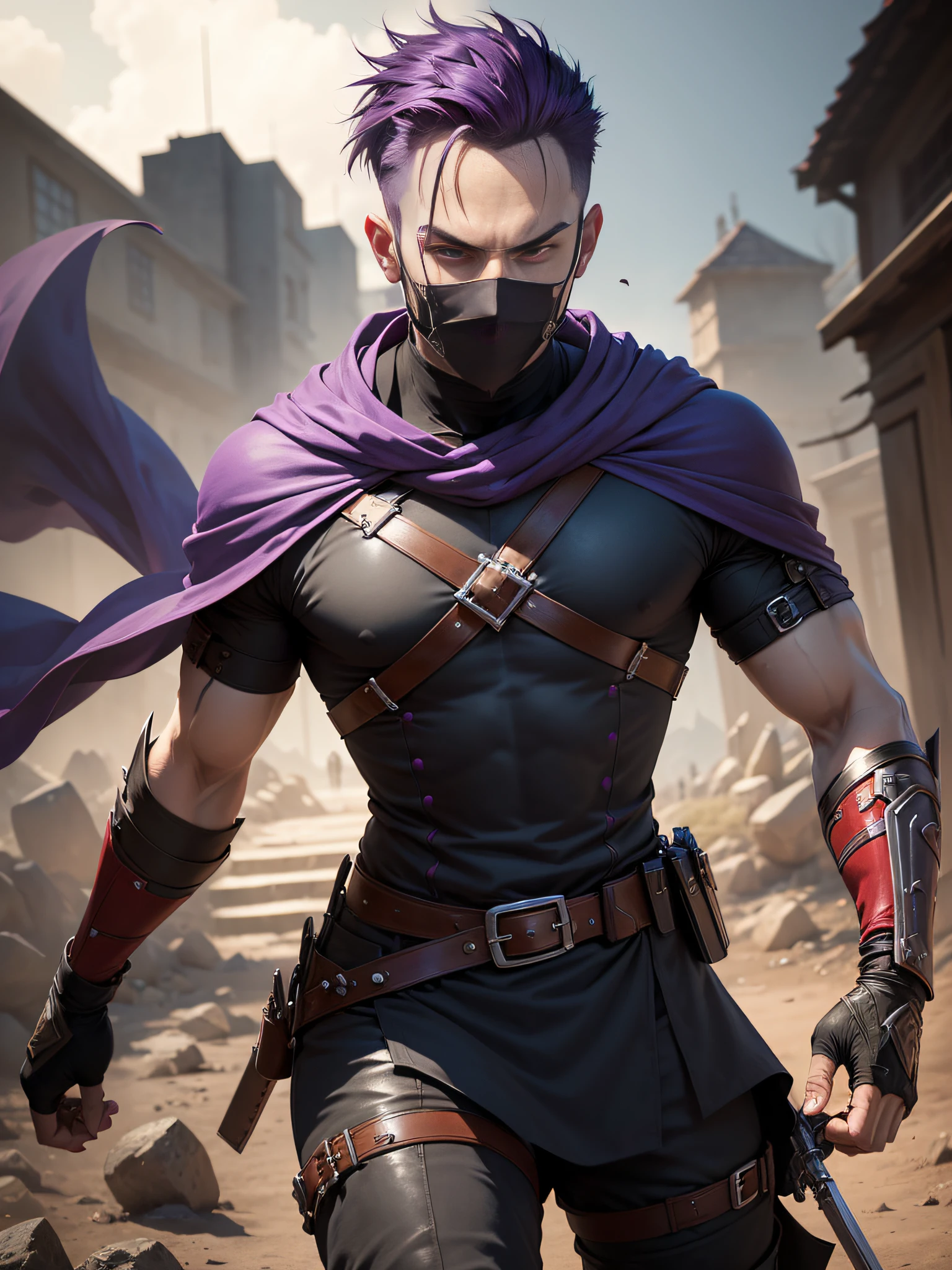 (((masutepiece, Best Quality, ultra-detailed))), (Male talented assassin, in battle action, solo, Eliminate the target, Unapproachable atmosphere, deadpan, Serious, Perfect fingers, Perfect hands, Looking at Viewer), 35 years old, (Medieval assassin costume, assassin cloak, mouth masked), Medieval secret guild as a background, backlighting, darkness, From below, Dynamic Angle, Purple hair, Very short hair, Male face, villain's face, Forehead, male eyebrows, Male Eyes, sharp nose, adam's apple, (Sharp eyes), Red pupils glowing, no weapon,