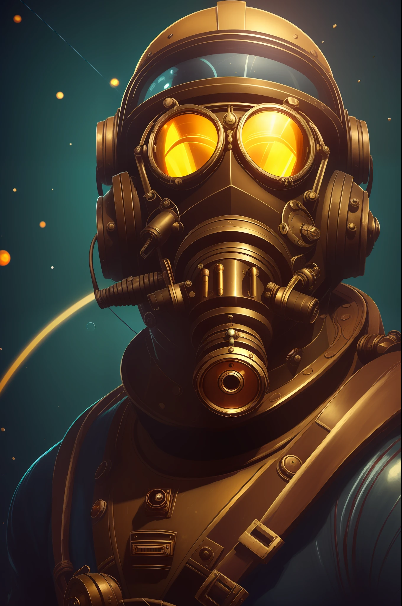 There is a man in a spacesuit with a helmet, Deep-sea diver, diving suit, old scuba, inspired by Brian Despain, Brian Despain, Steampunk diving helmet, alexey egorov, Sergey Kolesov, lofi steampunk bioshock portrait, lofi bioshock steampunk portrait, wojtek fus