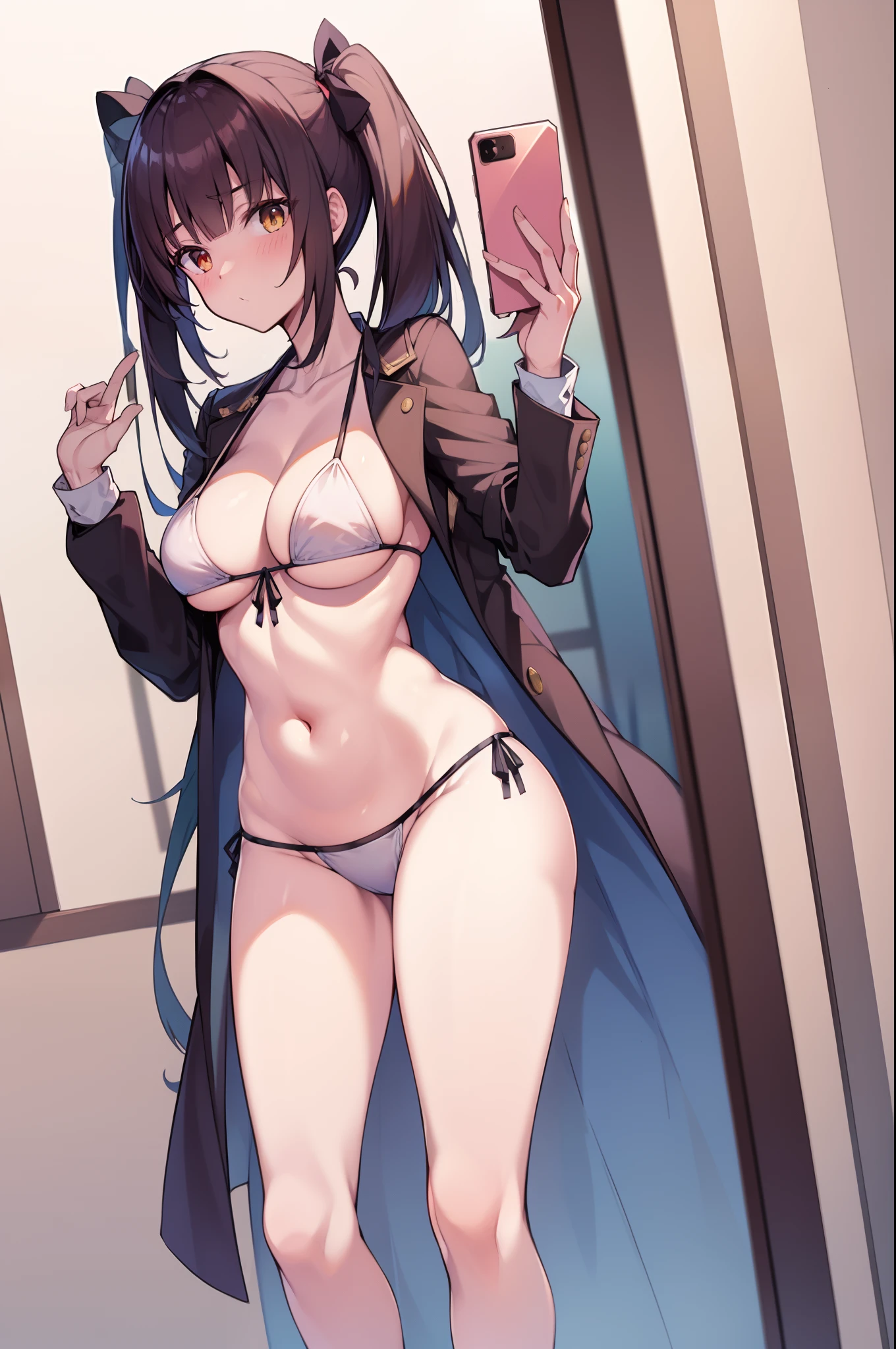 desenho animado de uma mulher em uma saia curta segurando um telefone celular, anime vtuber modelo de corpo inteiro, Gapmoe Yander, de s da linha de frente, meninalo linha de frente, menina animeora, Waifu, estilo anime ecchi, corpo inteiro!!, Estilo de pista Azur, cel anime sombreado, corpo inteiro;, standing elegant pose, design de roupa clara, Realistic bikini
