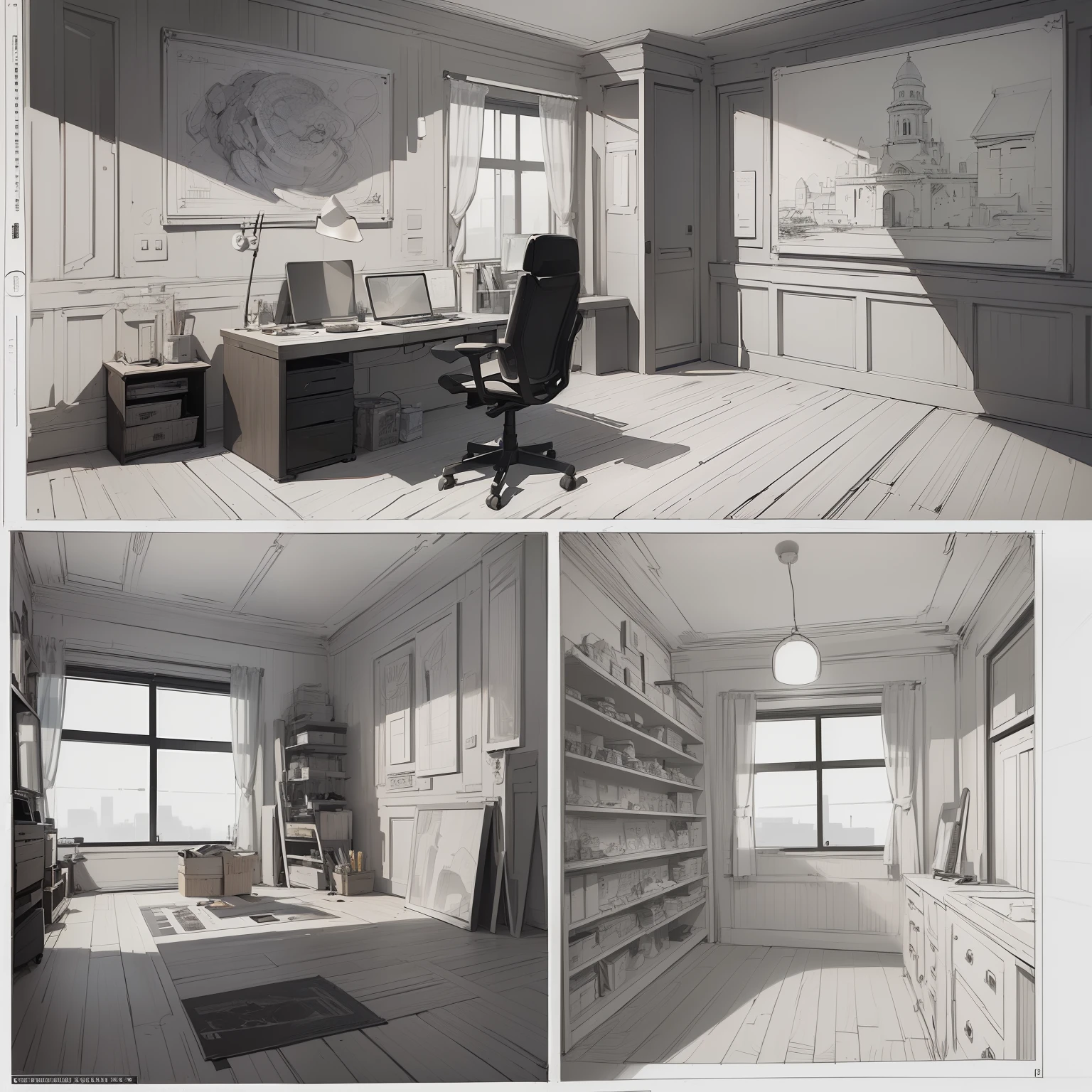 masterpiece、top-quality、High-quality images、8K、 ((unmanned、Background with、Accurate perspective、line-drawing、Contour extraction、monochromes、Moderate shading、Medium omission、Comic style、)):1.4 ((a room、study、unmanned))1.5