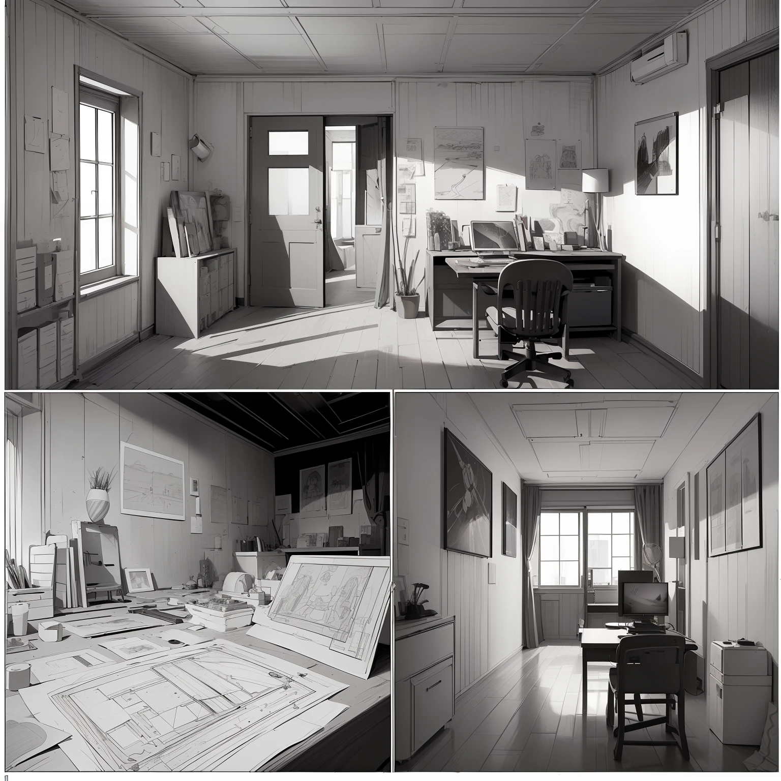 ​masterpiece、top-quality、High-quality images、8K、　　((unmanned、Background with、Accurate perspective、line-drawing、Contour extraction、monochromes、Moderate shading、Medium omission、Comic style、)):1.4　((a room、study、unmanned))1.5