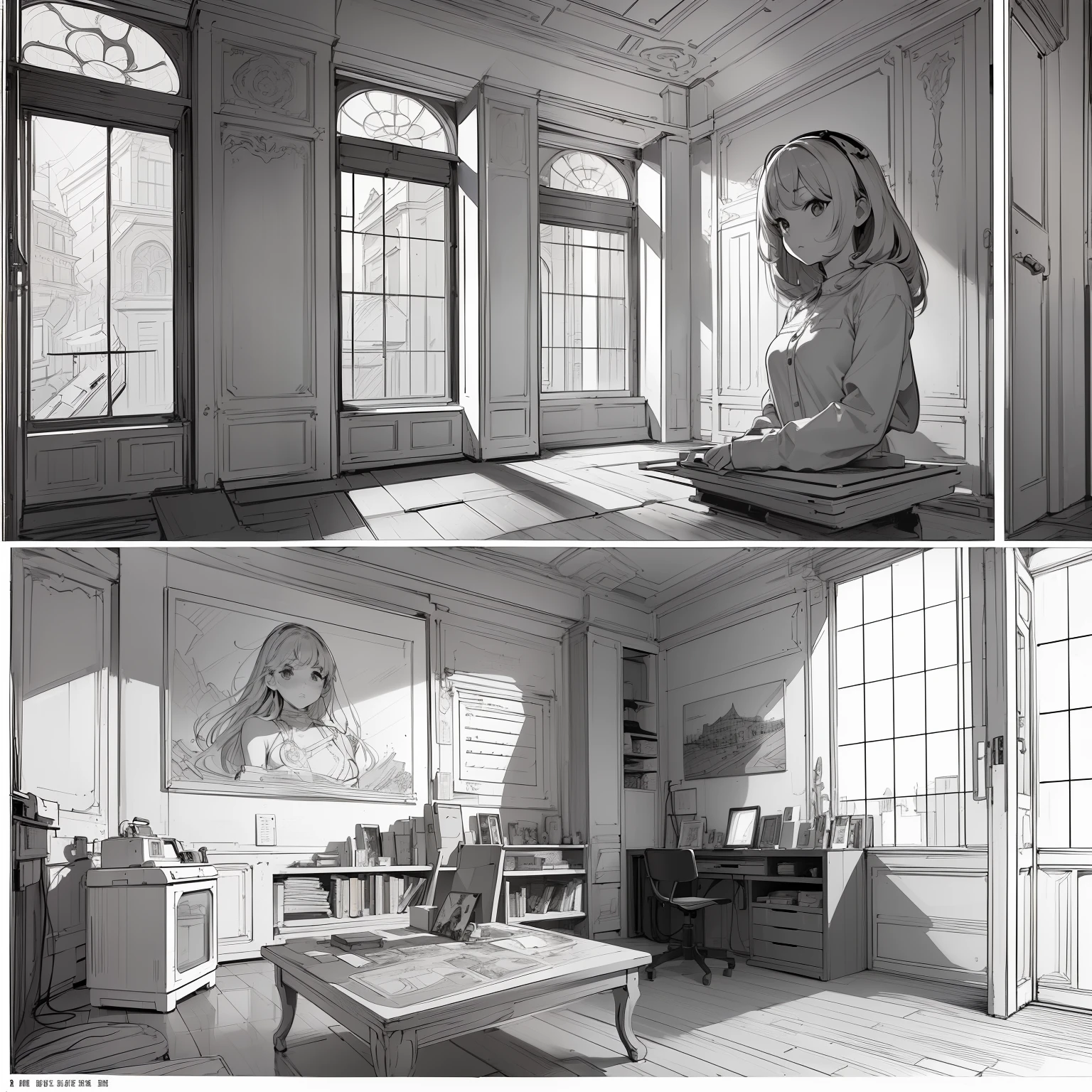 ​masterpiece、top-quality、High-quality images、8K、　　((unmanned、Background with、Accurate perspective、line-drawing、Contour extraction、monochromes、Moderate shading、Medium omission、Comic style、)):1.4　((a room、study、unmanned))1.5