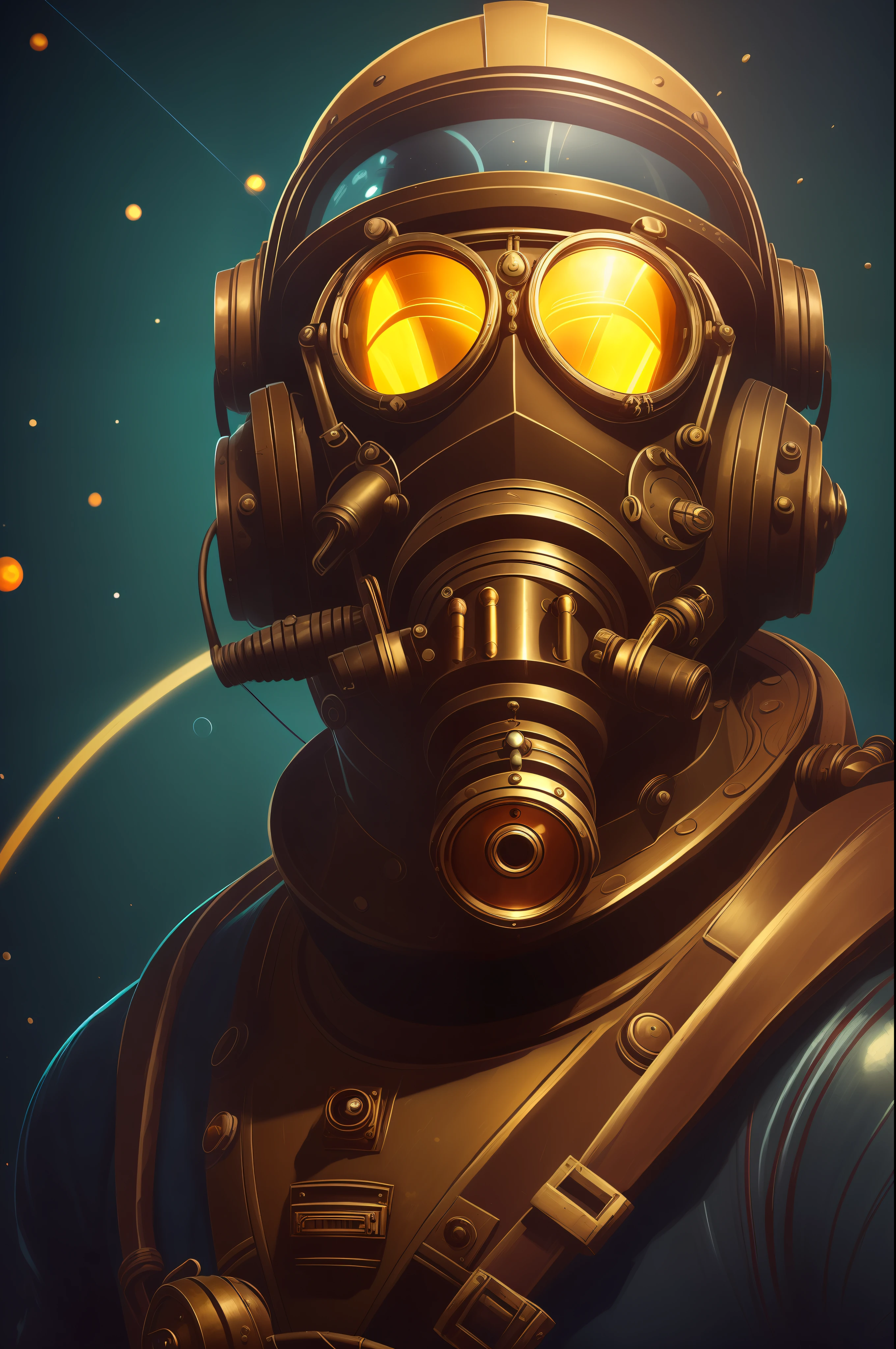 There is a man in a spacesuit with a helmet, Deep-sea diver, diving suit, old scuba, inspired by Brian Despain, Brian Despain, Steampunk diving helmet, alexey egorov, Sergey Kolesov, lofi steampunk bioshock portrait, lofi bioshock steampunk portrait, wojtek fus