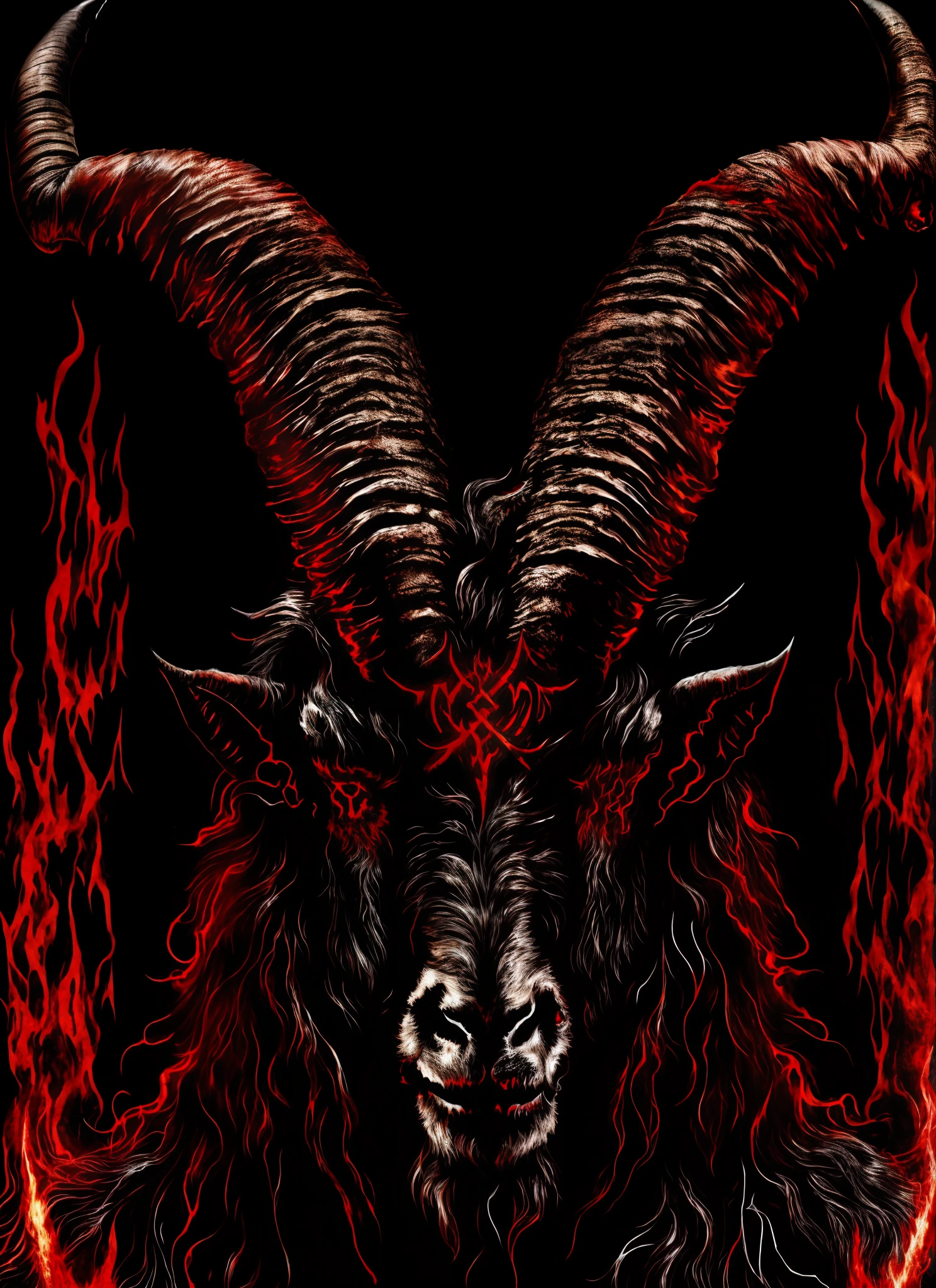 Baphomet: the goat devil, hellish, goat devil, hellish horror, glowing red eyes, flames, evil encarned, goat head, horrifying, pentagrams, hell, black goat, (hyper_realistic_textures: 1.9), (hyper_realistic_baphomet: 1.9), standing up, absolute demon goat, horrifying, (wearing a long_cloth_made_of_running_liquid_blood: 1.9), (extremely_intimidating: 1.9), (god-like_imponence: 1.9), flames and power, giant, imense, (extremely_exageratedly_elegant_posture: 1.9)