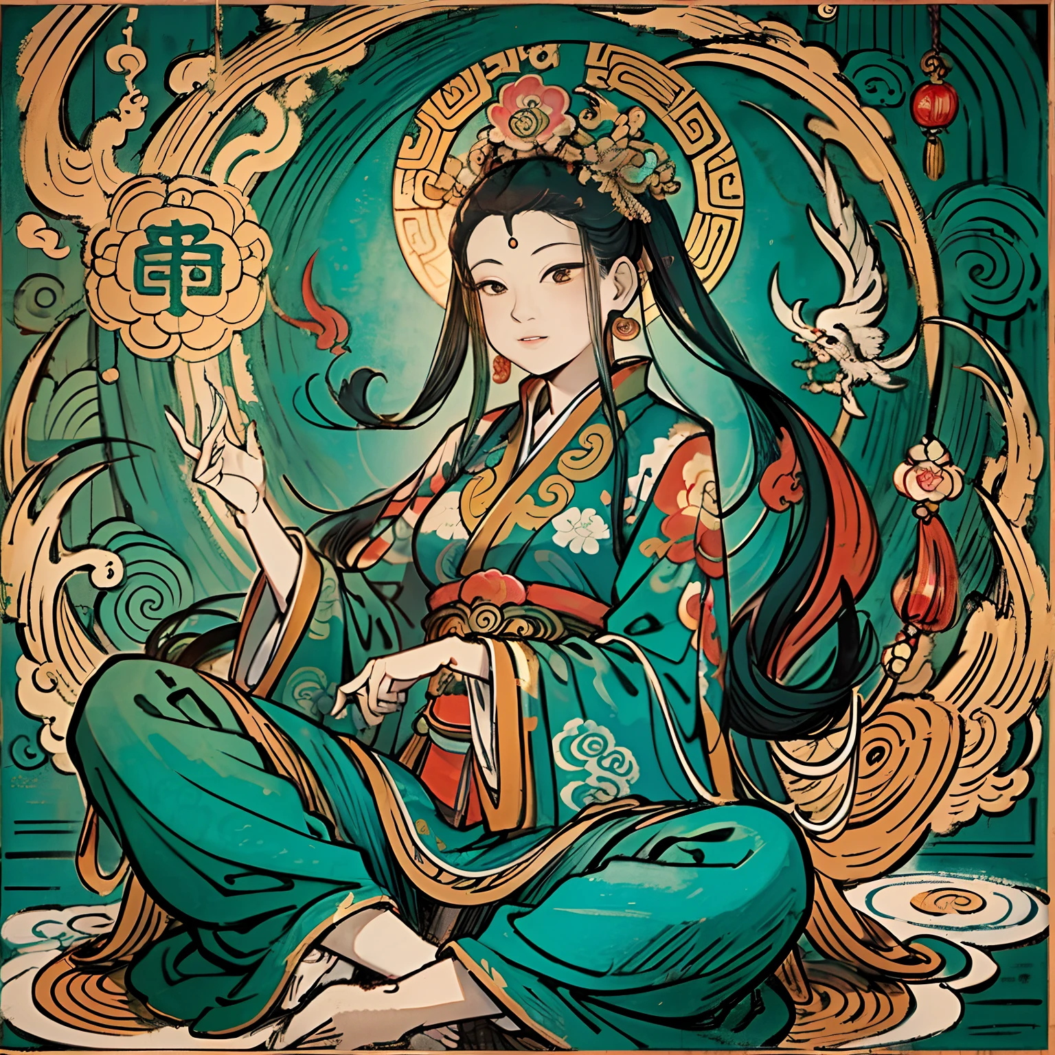 an ancient Chinese goddess, guanyin of the southern seas, Guanyin, Inspired by India, Avalokiteshvara rides a phoenix，,Serene expression,shui mo hua,Buddha,Buddhist,Lotus,Chinese painting style,Thangka style