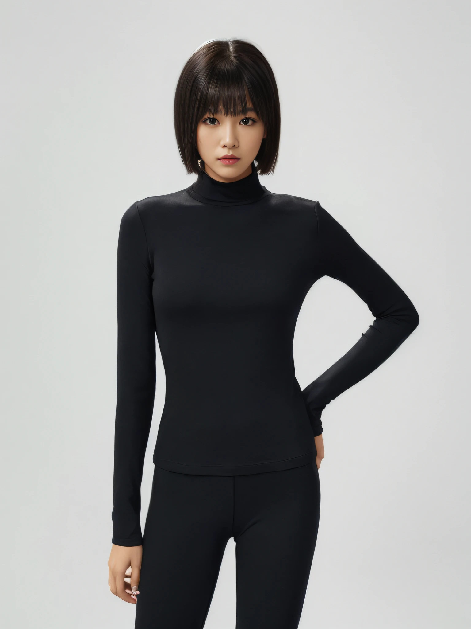 An Arad woman in a black blouse and black pants stood in the white room, wearing black tight clothing, black turtle neck shirt, Black turtleneck, skintight black clothes, wearing tight suit, wearing black clothes, wearing tight simple clothes, Energetic Varia suit, casual black clothing, jia, wearing black clothes, wearing black modern clothes
