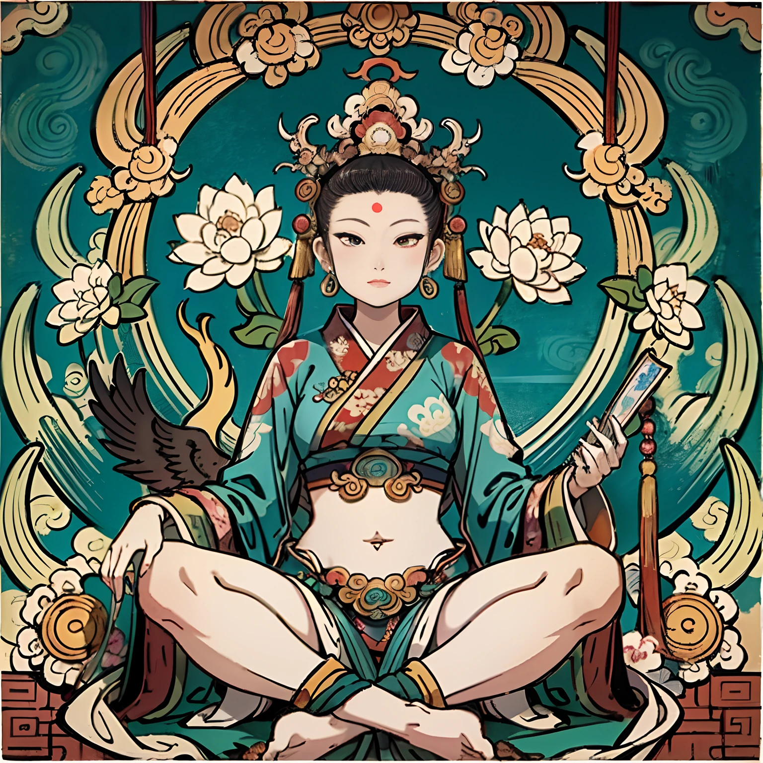 an ancient Chinese goddess, guanyin of the southern seas, Guanyin, Inspired by India, Avalokiteshvara rides a phoenix，,Serene expression,shui mo hua,Buddha,Buddhist,Lotus,Chinese painting style,Thangka style
