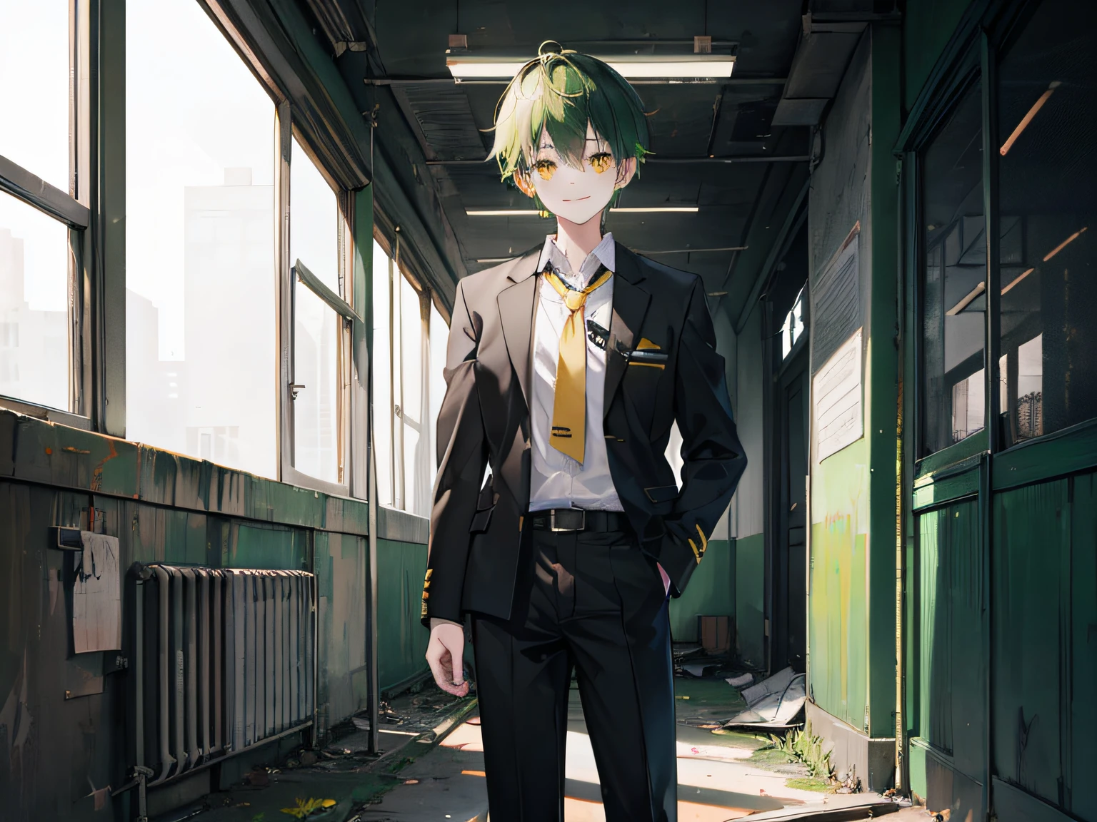 1boy, black school uniform, yellow eyes, green hair, abandoned building, high res, ultrasharp 8K, master piece, looking at viewer, smiling