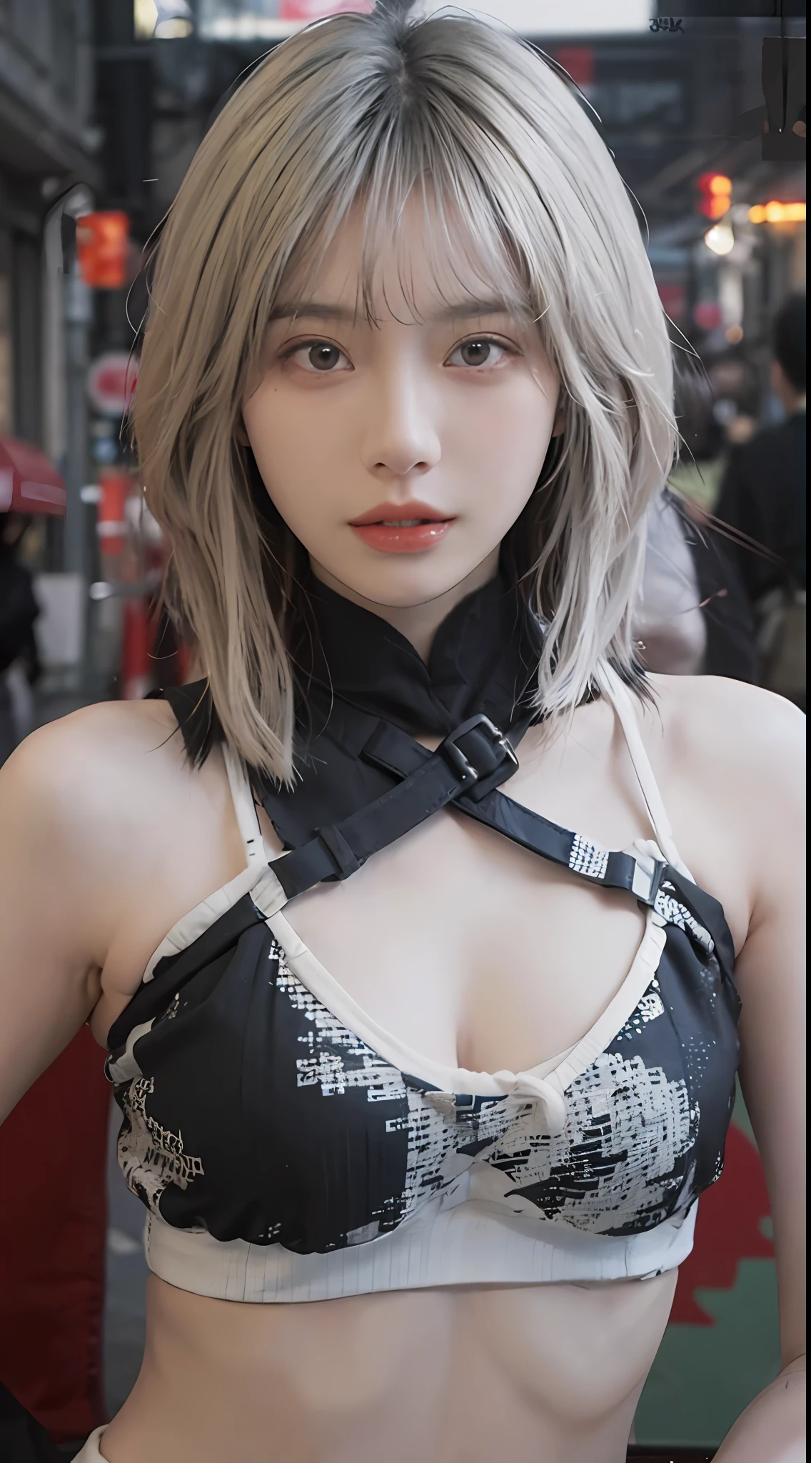 best qualtiy， 超高分辨率， （realisticlying：1.4），2 girls ，Focus:1.2, perfect figure beautiful woman:1.4 , pelo rojo corto，(Streets at night:1.3), Highly detailed facial and skin texture, head straight-looking at viewer，A detailed eye, 二重まぶた，Red lips，eye shadows，Whiten skin，(Air bangs:1.3),,(White thin strap top:1.4)