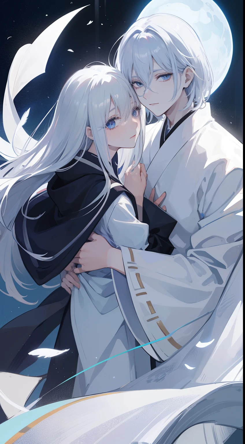 1man, Sharp blue eyes with sharp pupils, white sharp hair and he was wearing black noble robes and, Intimate hugs and kisses with his lovely wife ((41 year old face))、Deep bonds、Angelic smile、A lot of white feathers flutter、rays of moonlight、Parallel worlds、Naruki and Keiko