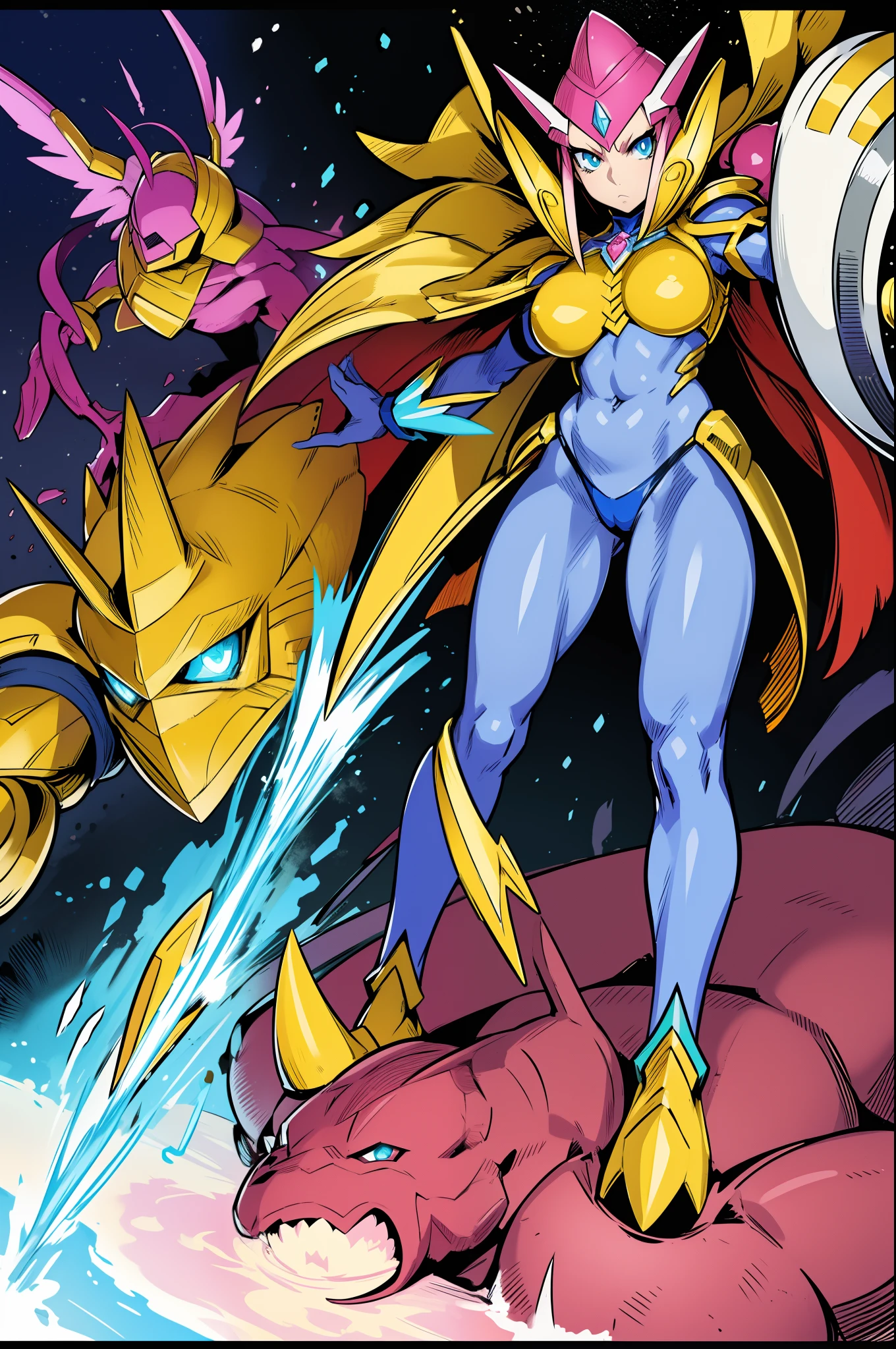 "Powerful barbarian with insect-like angelic armor, reminiscent of Digimon and Guyver, joins forces with a group of sentai heroes. The robot girl with huge breasts adds an overwhelming presence to the scene."