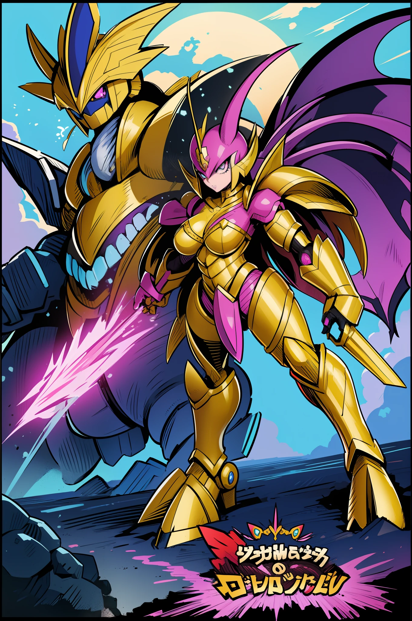 "Powerful barbarian with insect-like angelic armor, reminiscent of Digimon and Guyver, joins forces with a group of sentai heroes. The robot girl with huge breasts adds an overwhelming presence to the scene."