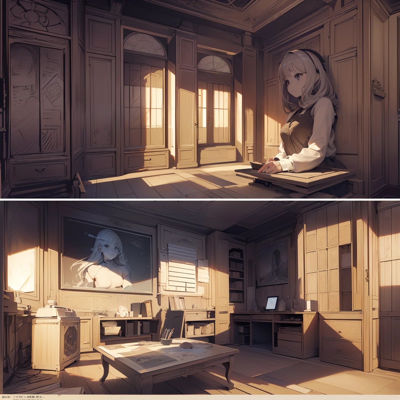 masterpiece、top-quality、High-quality images、8K、 ((unmanned、Background with、Precise perspective、line-drawing、Contour extraction、monochromes、Moderate shading、Medium omission、Comic style、)):1.4 ((a room、study、unmanned))1.5