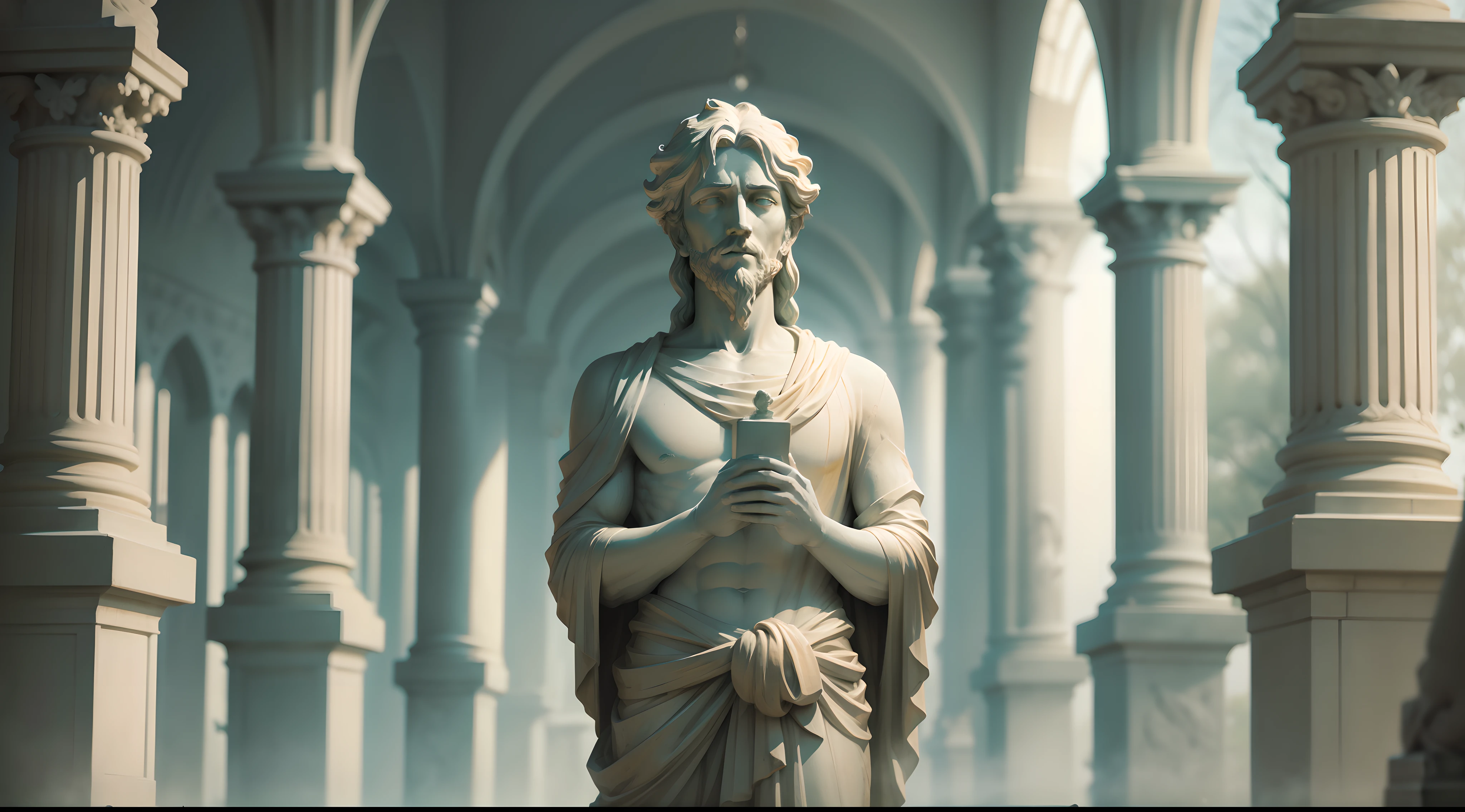 "A philosophical statue of a man standing tall, encapsulating wisdom and contemplation. Weathered features tell stories of time, while a serene expression conveys deep thoughts. Surrounding scenery bathed in soft light adds an ethereal ambiance.+"