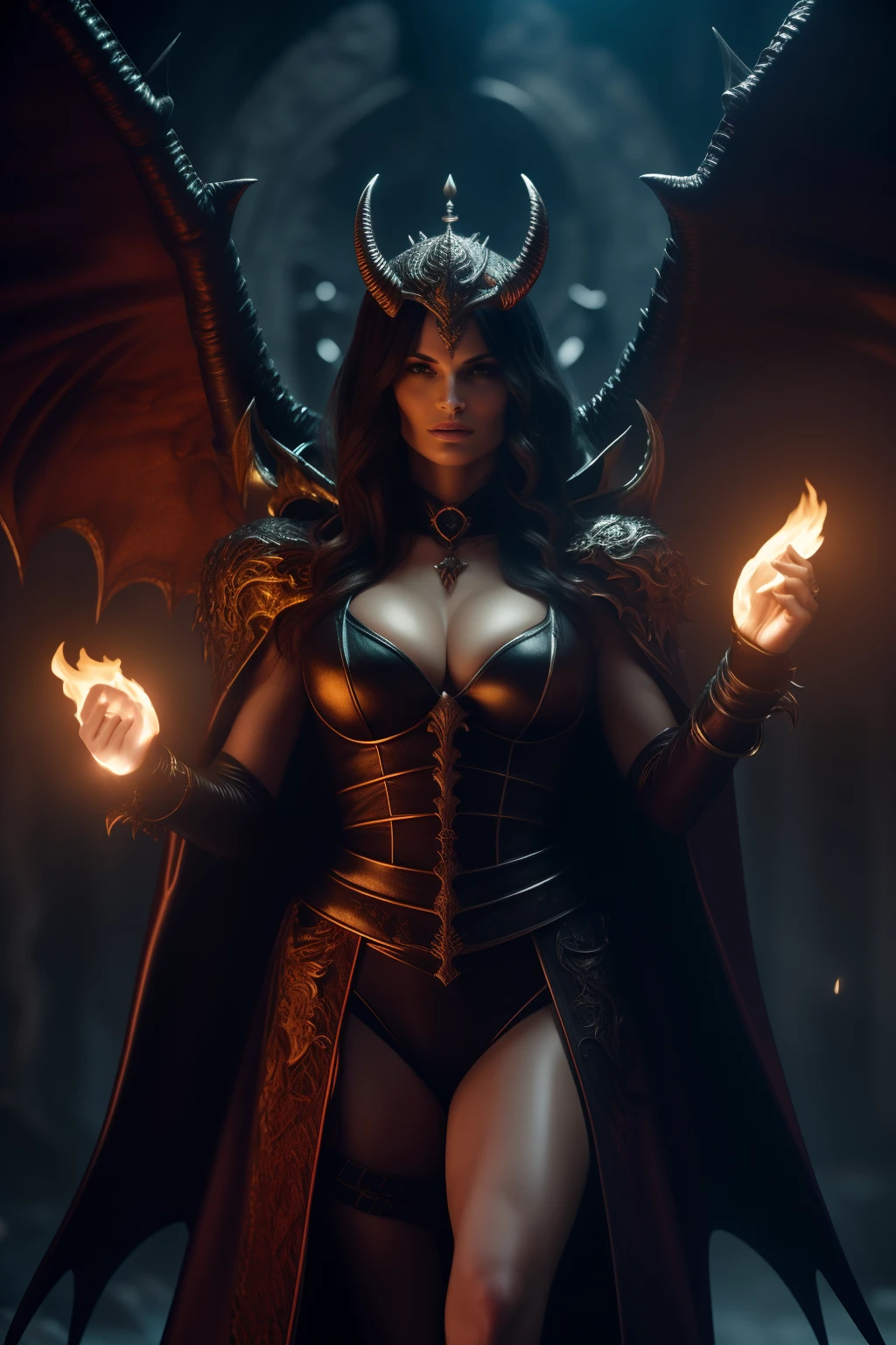 Lisa Ann ultra-detailed: The Empress of Darkness, Background to the destruction of hell, diabolique, insidieux, invincible, couronne sombre, Evil queen, Robe noire et rouge, demon wings dans le dos, Demon horn, Realistic detailed eyes, Shaded illustration of a high-quality cell in hell, corps entier, pose dynamique, anatomie parfaite, centered, Freedom, soul, Approche de la perfection, Ombrage de cellule, 8k , Cinematic dramatic atmosphere, Illumination globale, detailed and intricate environment, ArtStation, Art conceptuel, mise au point fluide et nette, volumeric lighting, lighting cinematic