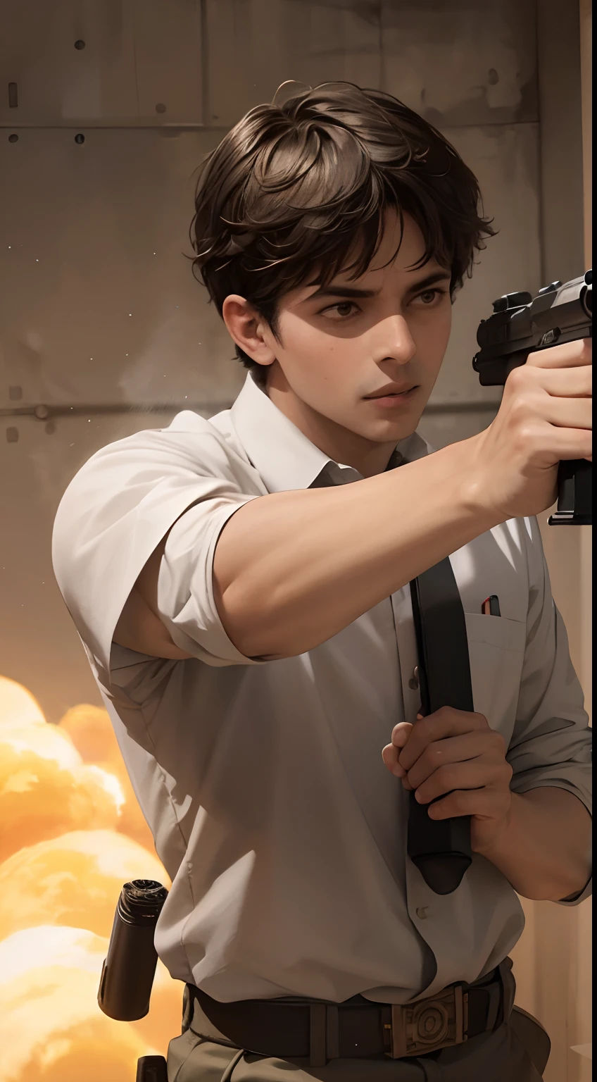 A phote of trying firing his gun. Realistic --auto