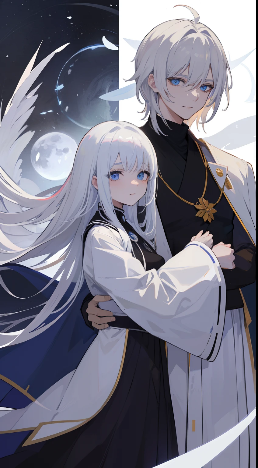 1man, Sharp blue eyes with sharp pupils, white sharp hair and he was wearing black noble robes and, Intimate hugs and kisses with his lovely wife ((41 year old face))、Deep bonds、Angelic smile、A lot of white feathers flutter、rays of moonlight、Parallel worlds、Naruki and Keiko