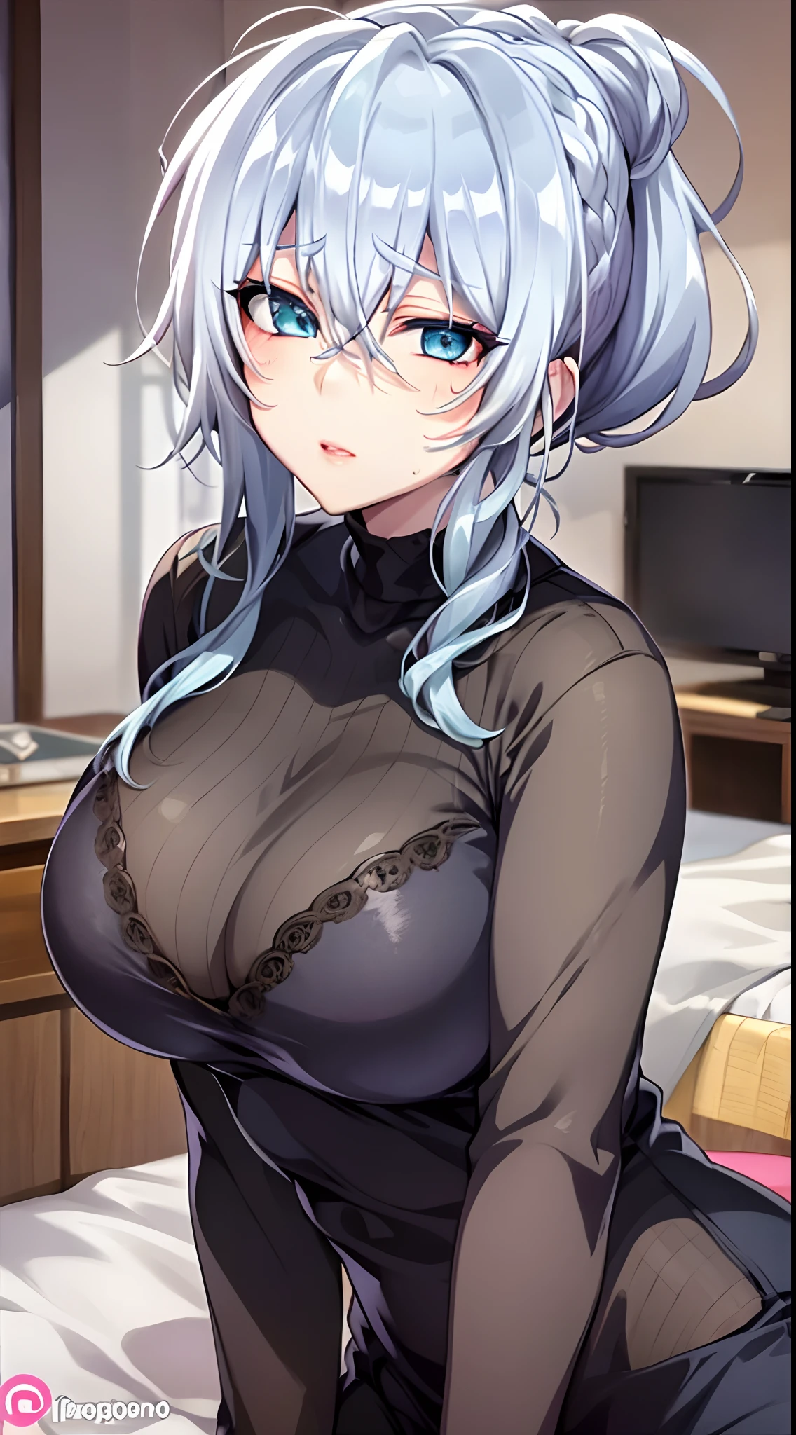 Yukino, in bed, silver hair and  blue eyes, black shirt and no bra, anime visual of a cute girl, screenshot from the anime film, & her expression is solemn, in the anime film, in an anime, anime visual of a young woman, she has a cute expressive face, still from anime, big breast, red cheek, lustful face