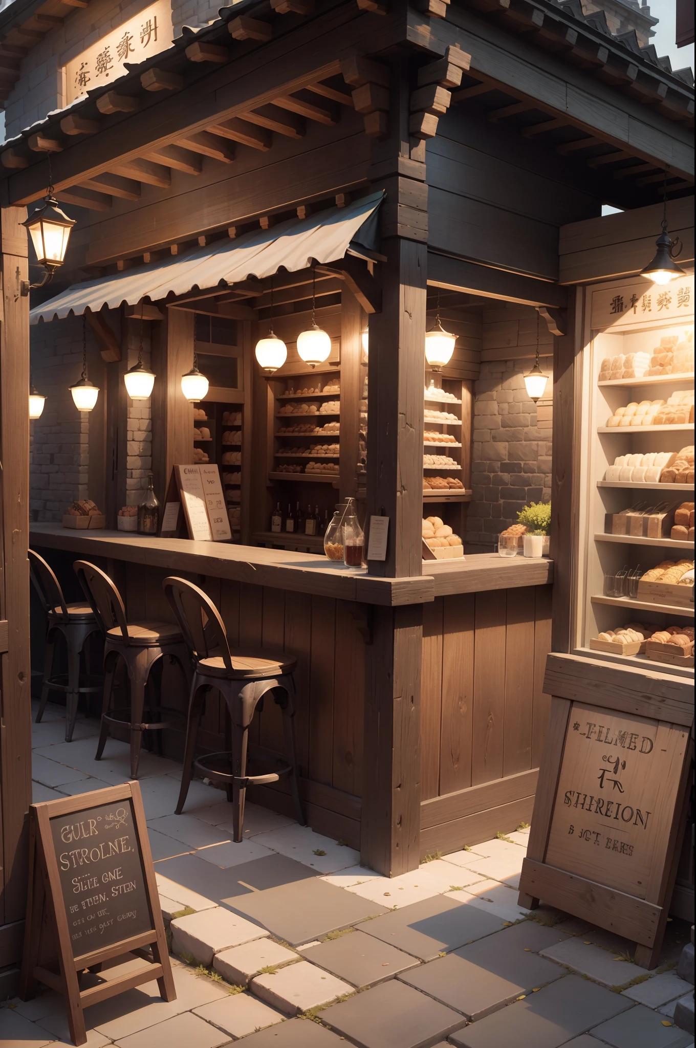 There is a storefront made of stone and wood and a building with a storefront, Bakery, storefront, shop front, Seen from the outside, a bar counter, Guibli、medieval times、former times、No humans、leisure、Silence。Anime Background、Stone House、no_humans 、Dark indoor