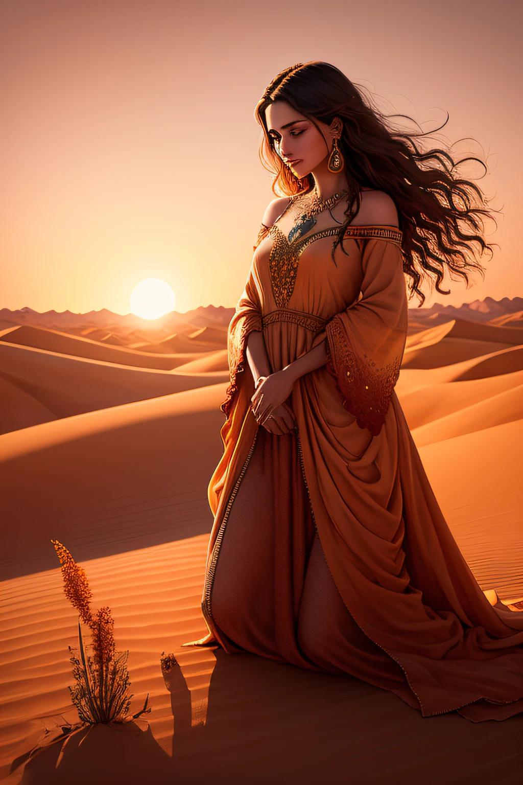 beautiful landscape of a desert with scorching sun starting a sunset. In it is a beautiful woman in a beautiful long dress and she is kneeling praying. There are dried flowers around and in the background an oasis and a sandstorm. His face is delicate, hyper realistic and with well-drawn strokes with many real details.