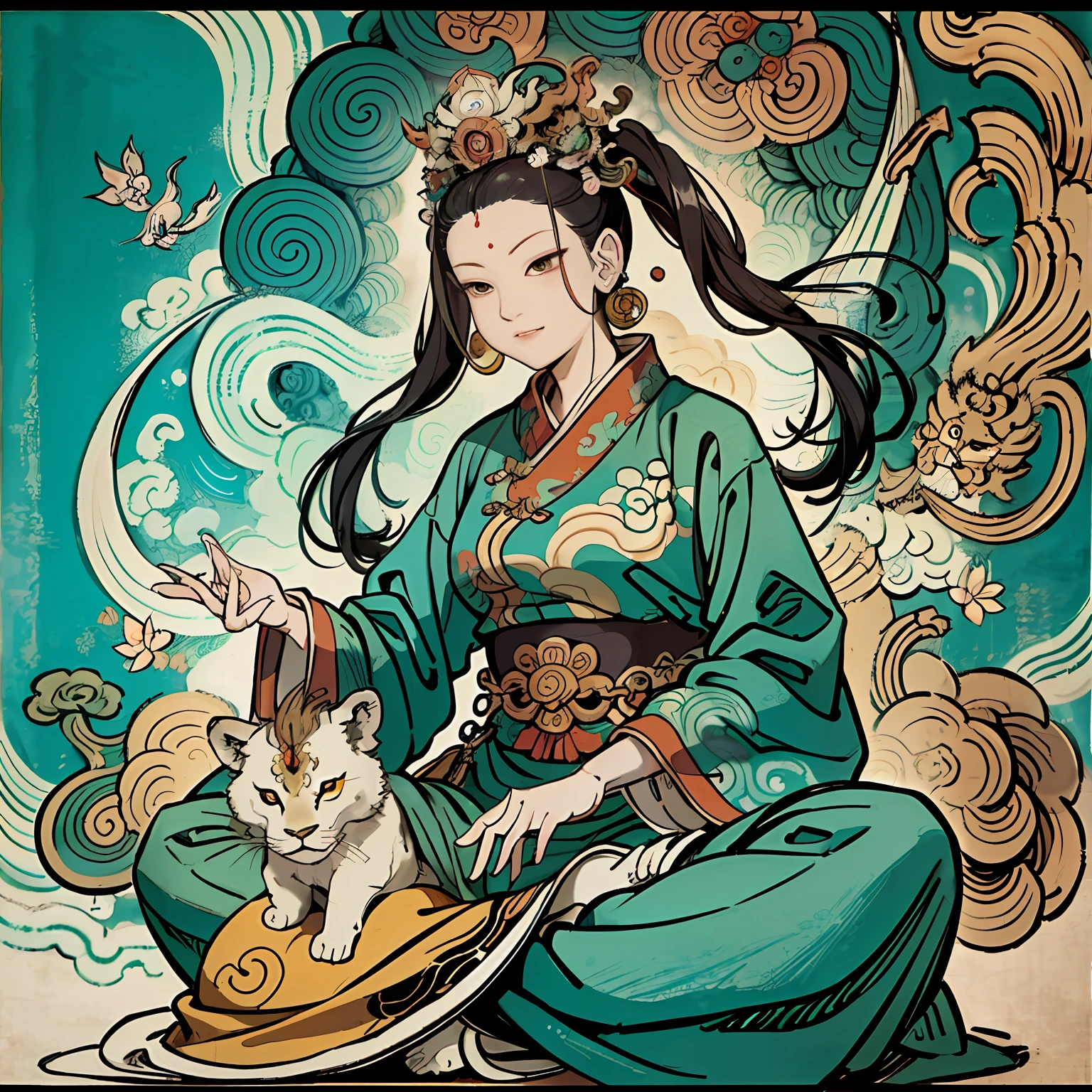 an ancient Chinese goddess, guanyin of the southern seas, Guanyin, Inspired by India, Avalokiteshvara rides a lion，,Serene expression,shui mo hua,Buddha,Buddhist,Lotus,Chinese painting style,Thangka style