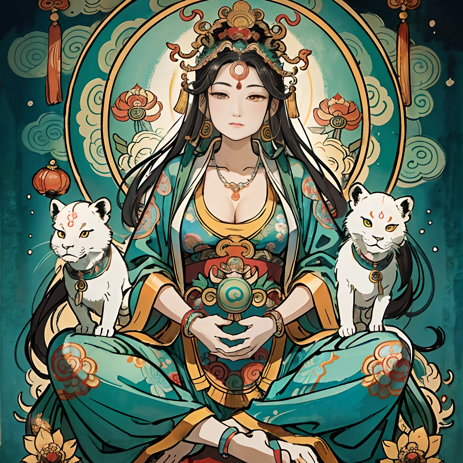 an ancient Chinese goddess, guanyin of the southern seas, Guanyin, Inspired by India, Avalokiteshvara rides a lion,,Serene expression,shui mo hua,Buddha,Buddhist,Lotus,Chinese painting style,Thangka style
