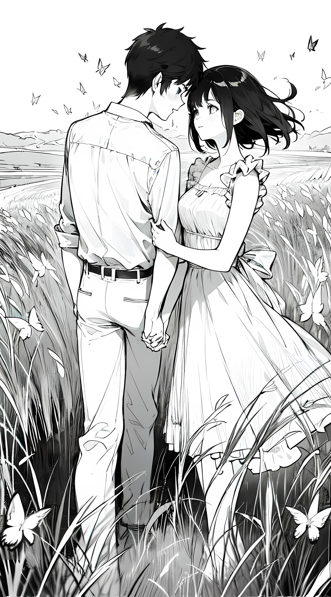 female,male,couple,holding hands, front shot,usign casual attire,monochrome,butterflies,couple ,faceless couple,field