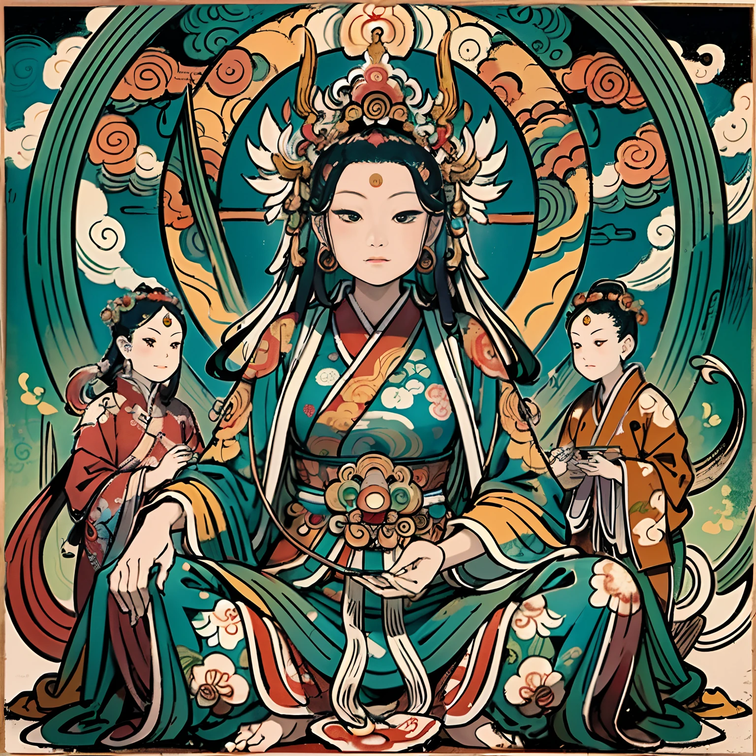an ancient Chinese goddess, guanyin of the southern seas, Guanyin, Inspired by India, Avalokiteshvara rides a phoenix,,Serene expression,shui mo hua,Buddha,Buddhist,Lotus,Chinese painting style,Thangka style