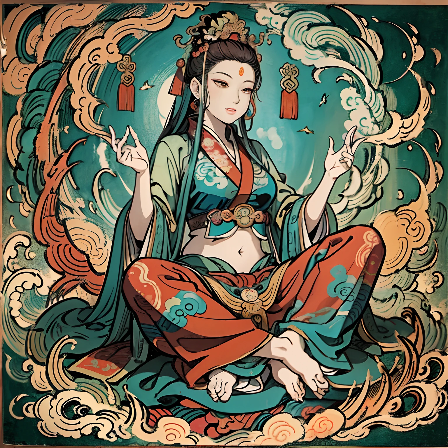 an ancient Chinese goddess, guanyin of the southern seas, Guanyin, Inspired by India, Avalokiteshvara rides a phoenix，,Serene expression,shui mo hua,Buddha,Buddhist,Lotus,Chinese painting style,Thangka style