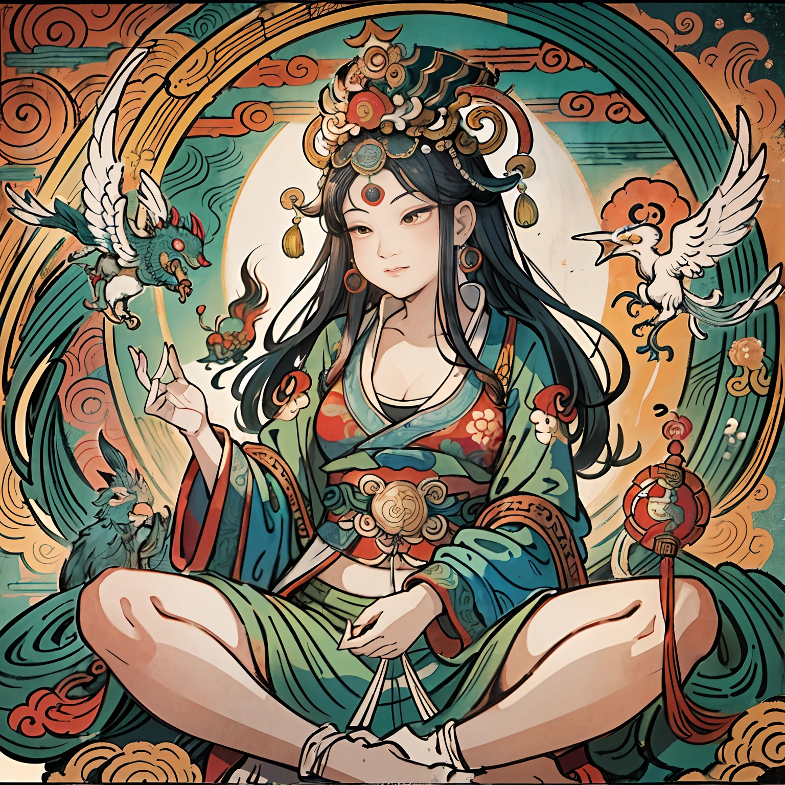 an ancient Chinese goddess, guanyin of the southern seas, Guanyin, Inspired by India, Avalokiteshvara rides a phoenix，,Serene expression,shui mo hua,Buddha,Buddhist,Lotus,Chinese painting style,Thangka style