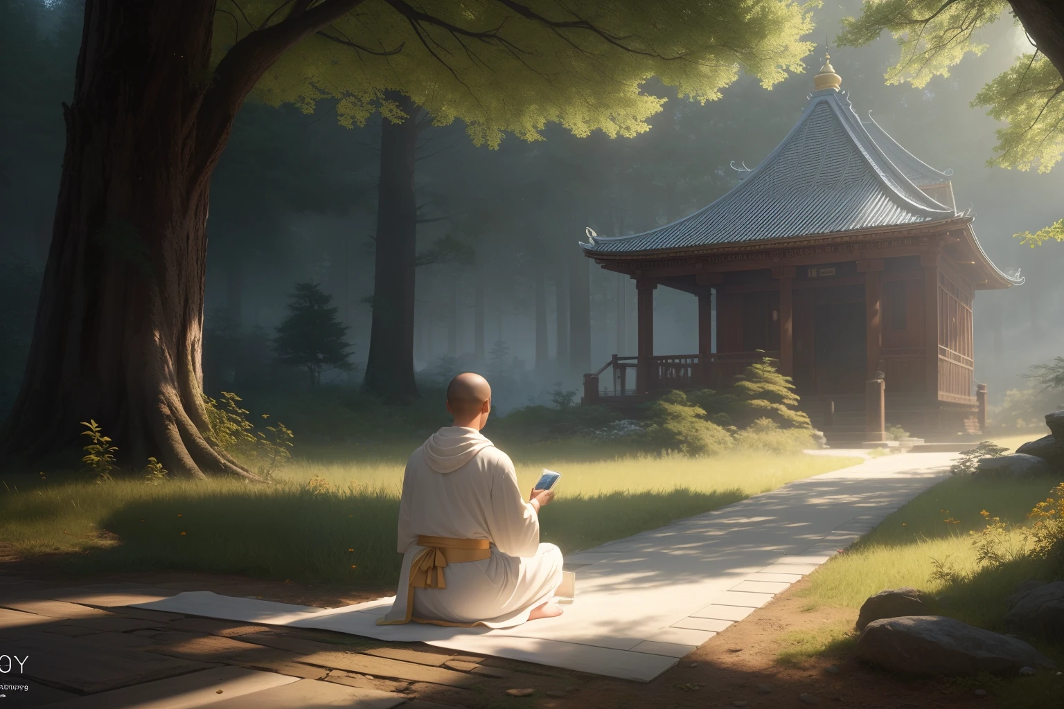 a monk is meditating, wearing a white robe in the temple, the temple is in the forest, raw photo, surreal photo, unreal engine 4, 8k, super sharp, detailed colors, wide color coverage , extreme scene detail, shading, anti-aliasing, error detail smoothing,raw photo, surreal image, unreal engine 4, 8k, super sharp, detailed colors, wide color coverage, extremely high scene detail, shading, anti-aliasing, error detail smoothing, raw photo, surreal photo, unreal engine 4.8k, super sharp, detailed color, wide color coverage, scene detail extremely tall object , (8k, RAW photo, best quality, masterpiece:1.2), (realistic, photo-realistic:1.37),modelshoot style, (extremely detailed CG unity 8k wallpaper),professional majestic oil painting by Ed Blinkey, Atey Ghailan, Studio Ghibli, by Jeremy Mann, Greg Manchess, Antonio Moro, trending on ArtStation, trending on CGSociety, Intricate, High Detail, Sharp focus, dramatic, photorealistic painting art by midjourney and greg rutkowski, scene detail extreme objects, shading, anti-aliasing, error detail smoothing