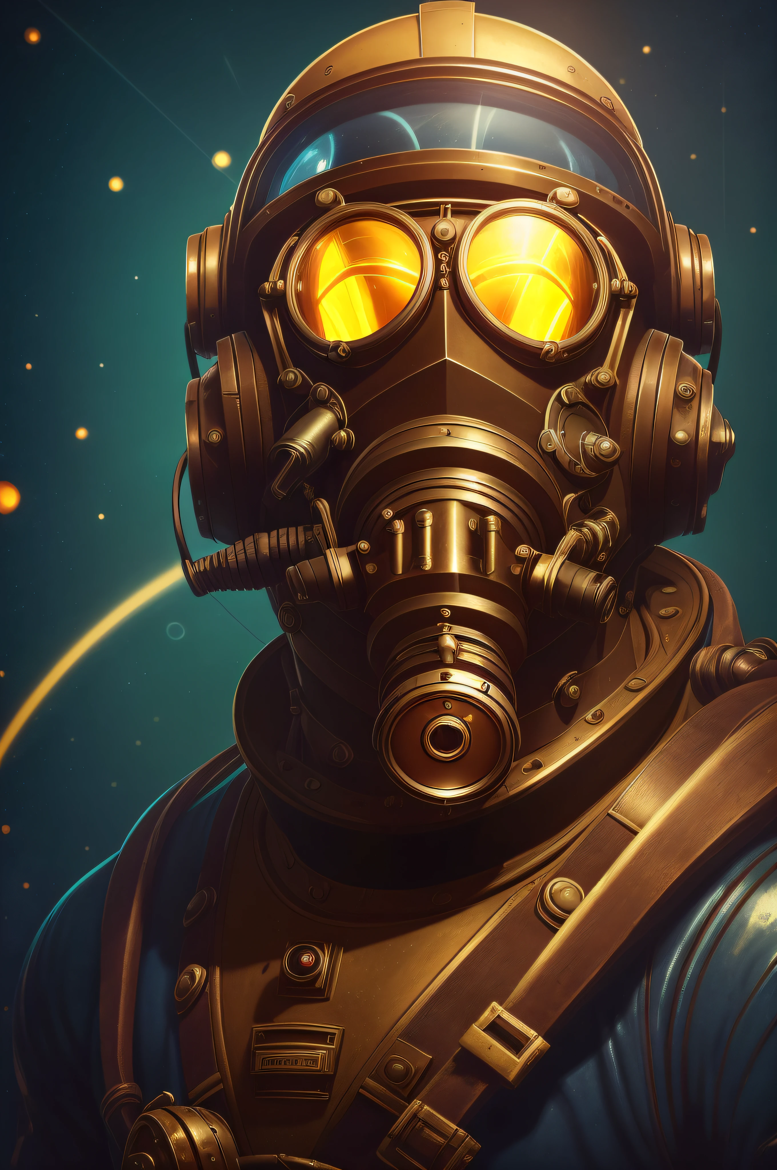 There is a man in a spacesuit with a helmet, Deep-sea diver, diving suit, old scuba, inspired by Brian Despain, Brian Despain, Steampunk diving helmet, alexey egorov, Sergey Kolesov, lofi steampunk bioshock portrait, lofi bioshock steampunk portrait, wojtek fus