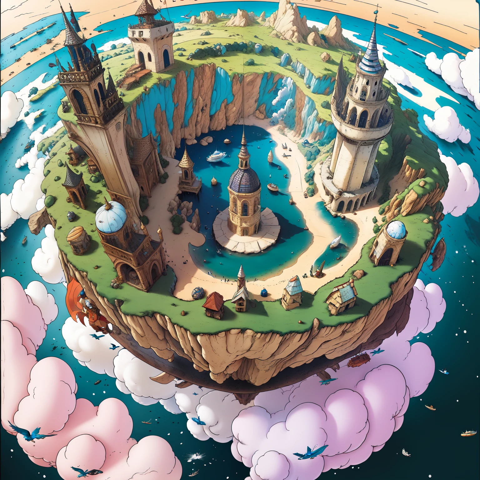 several flying islands,Islands floating in the sky,luvens ao fundo, blue skies, manga-style,ilhas com florestas,vaziasCores,black is white,tom preto e branco,RPG medieval,tempos medievais,Tom cinza,manga frame