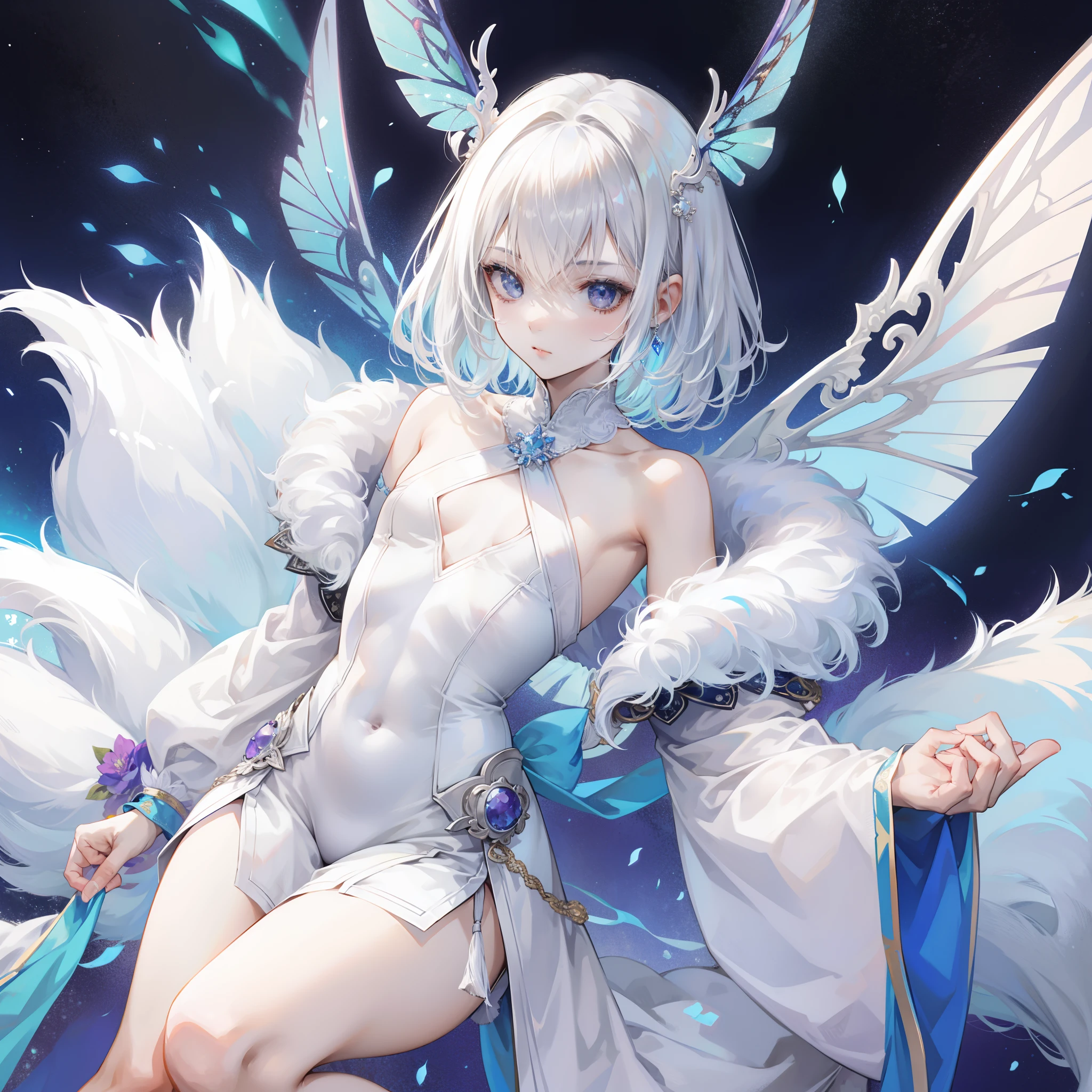 strong Androgynous fairy with white iridescent skin, tufts of fur on the neck wrists and ankles, thicc, flat chested, wearing small amount of silk clothing, has black eyes, strong, has abs, moth aesthetic, has white colored curly hair, has moth antennae, has moth wings, solo, alone, flat chested, fuzzy wristbands, fur necklace
