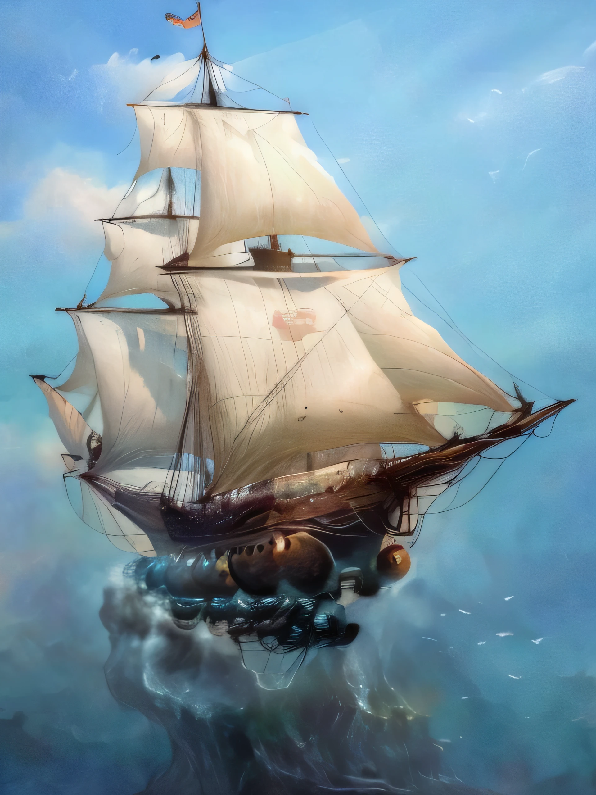 Painting of a large sailboat flying over the ocean with a flag waving, galleon, barcos con velas, sailing ship, barcos con velas debajo, inspired by Juan Giménez, Veleros, Sails and masts and rigging, Vela, by Eugenio de Arriba, por Francisco de Holanda, by Juan Giménez, inspired by Santiago Martínez Delgado