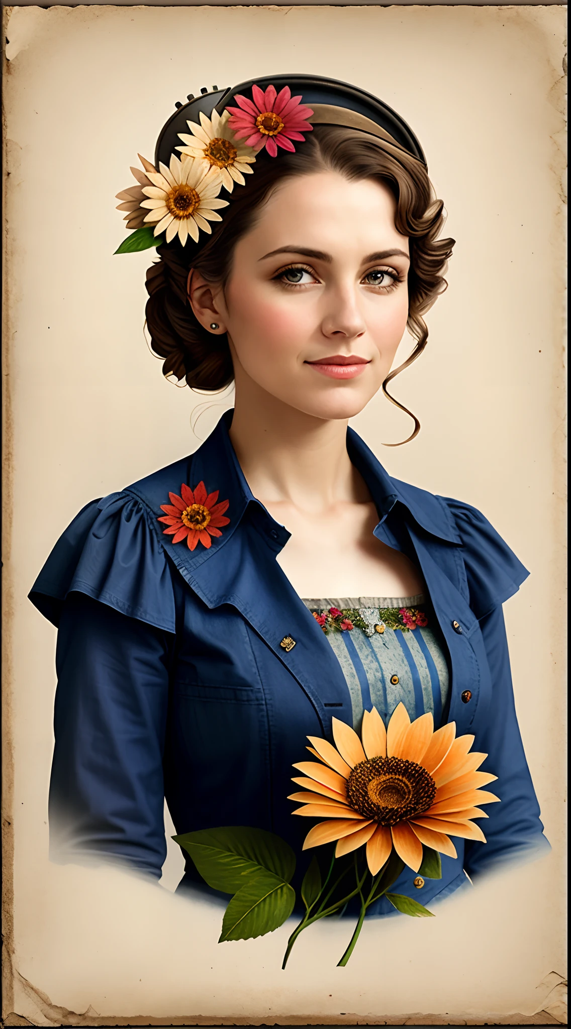 Charlie Bovot realistic lithographic sketch of a portrait of a woman, Flowers, [gear wheel], pipelines, Dieselpunk, Multi-colored ribbon, Old paper texture, Highly detailed