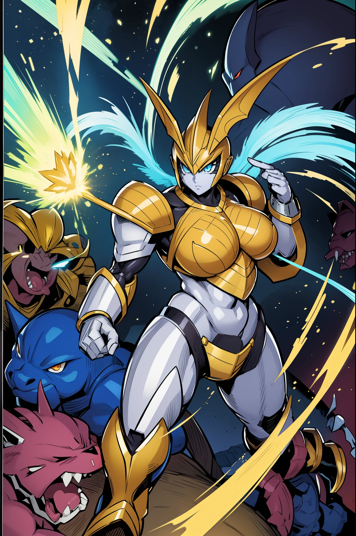 "Powerful barbarian with insect-like angelic armor, reminiscent of Digimon and Guyver, joins forces with a group of sentai heroes. The robot girl with huge breasts adds an overwhelming presence to the scene."