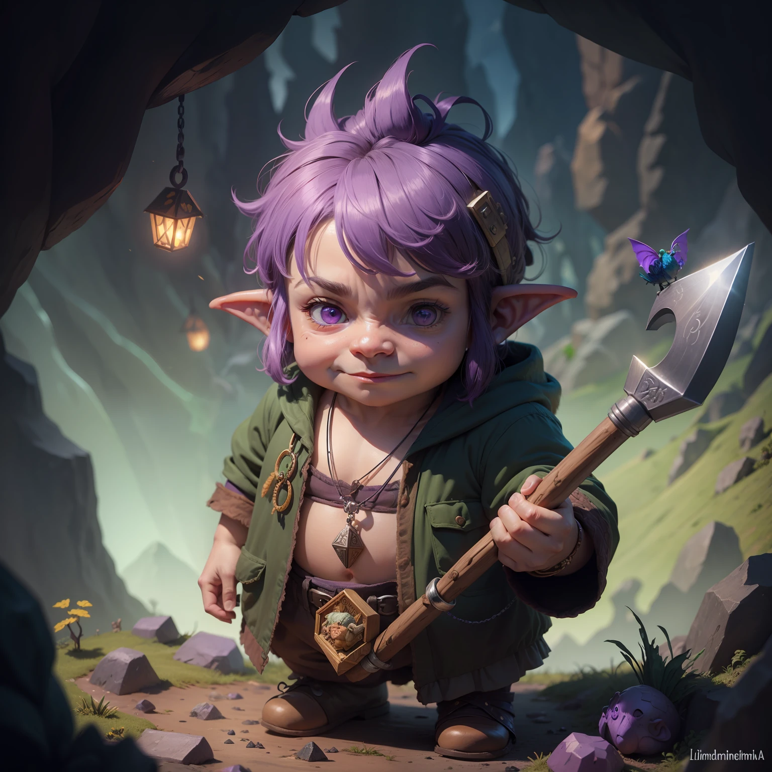 Hobbit dwarf goblin with Bitcoin pickaxe and necklace,Along with purple peacock,linda caverna de ametista,muita moeda de Bitcoin,colar Bitcoin,cinto Bitcoin