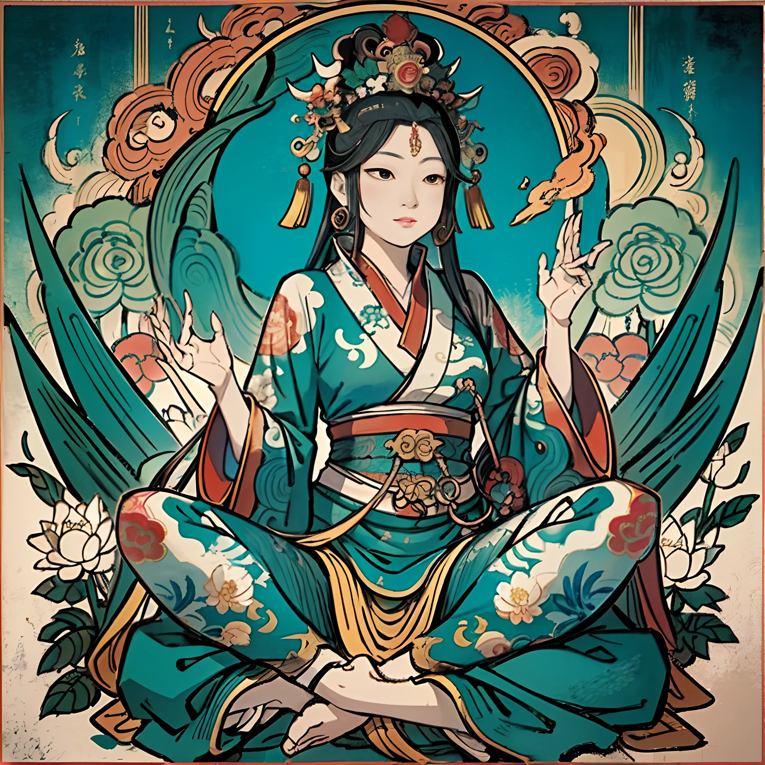 an ancient Chinese goddess, guanyin of the southern seas, Guanyin, Inspired by India, Avalokiteshvara rides a dragon,,Serene expression,shui mo hua,Buddha,Buddhist,Lotus,Chinese painting style,Thangka style