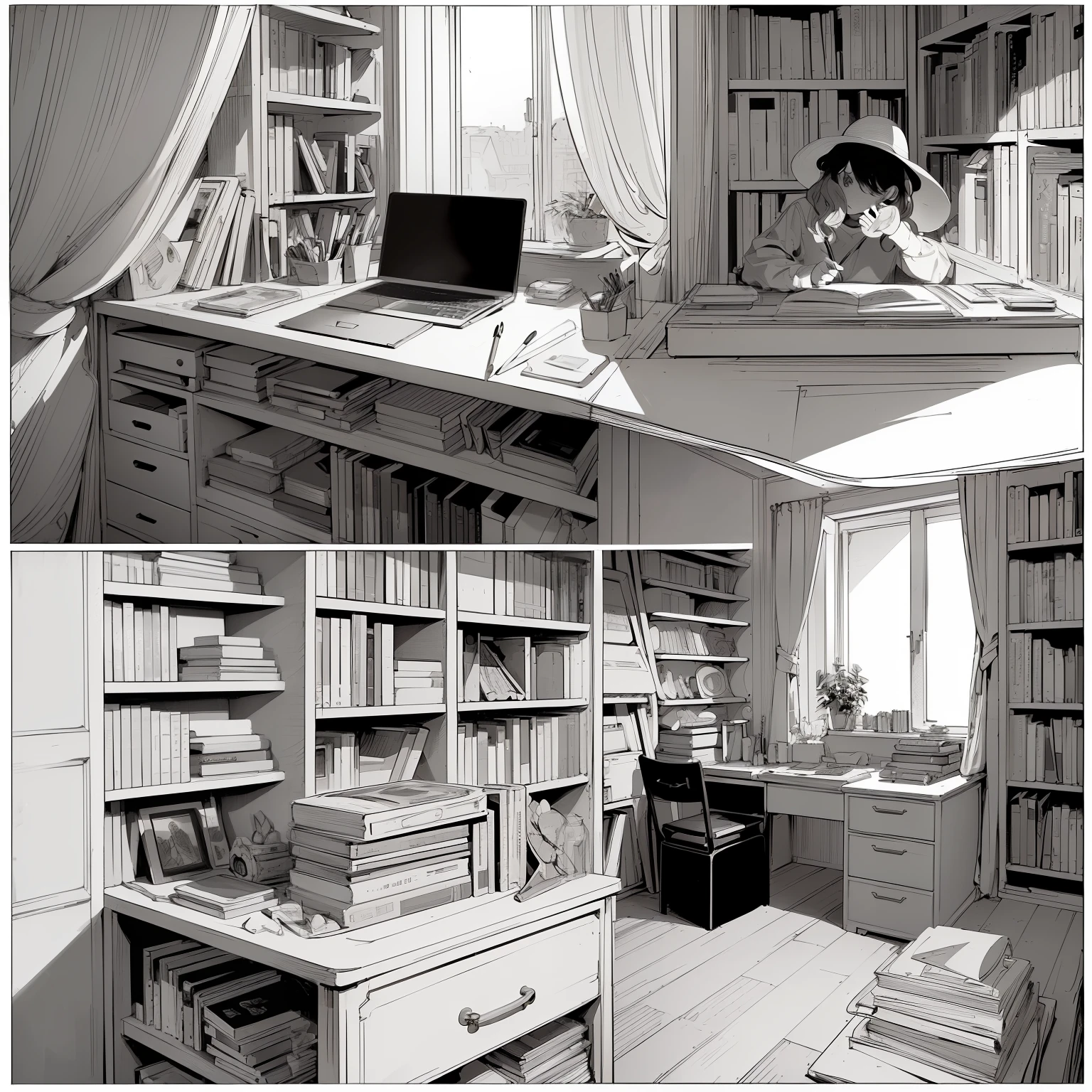 masterpiece、top-quality、High-quality images、8K、 ((unmanned、Background with、Precise perspective、line-drawing、Contour extraction、monochromes、Moderate shading、Medium omission、Comic style、)):1.4 ((a room、study、a desk、bookshelf、Boken、unmanned))1.5
