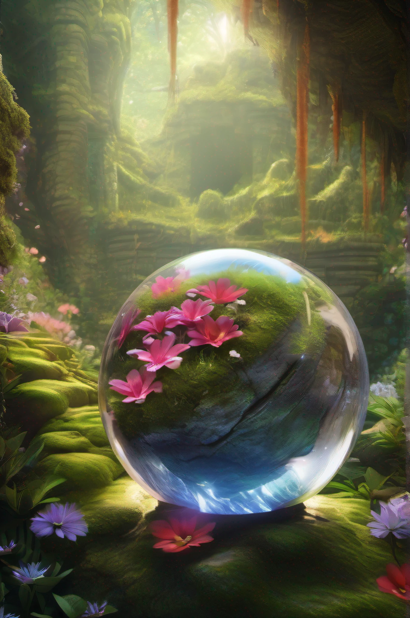 Glass sphere containing inside an alien biome of exotic flowers, The sphere is perched on moss lawn inside a cave with walls studded with gleaming minerals, detalhes intrincados, arte fantasia, arte de Clemilton Barbosa, arte premiada, 8k