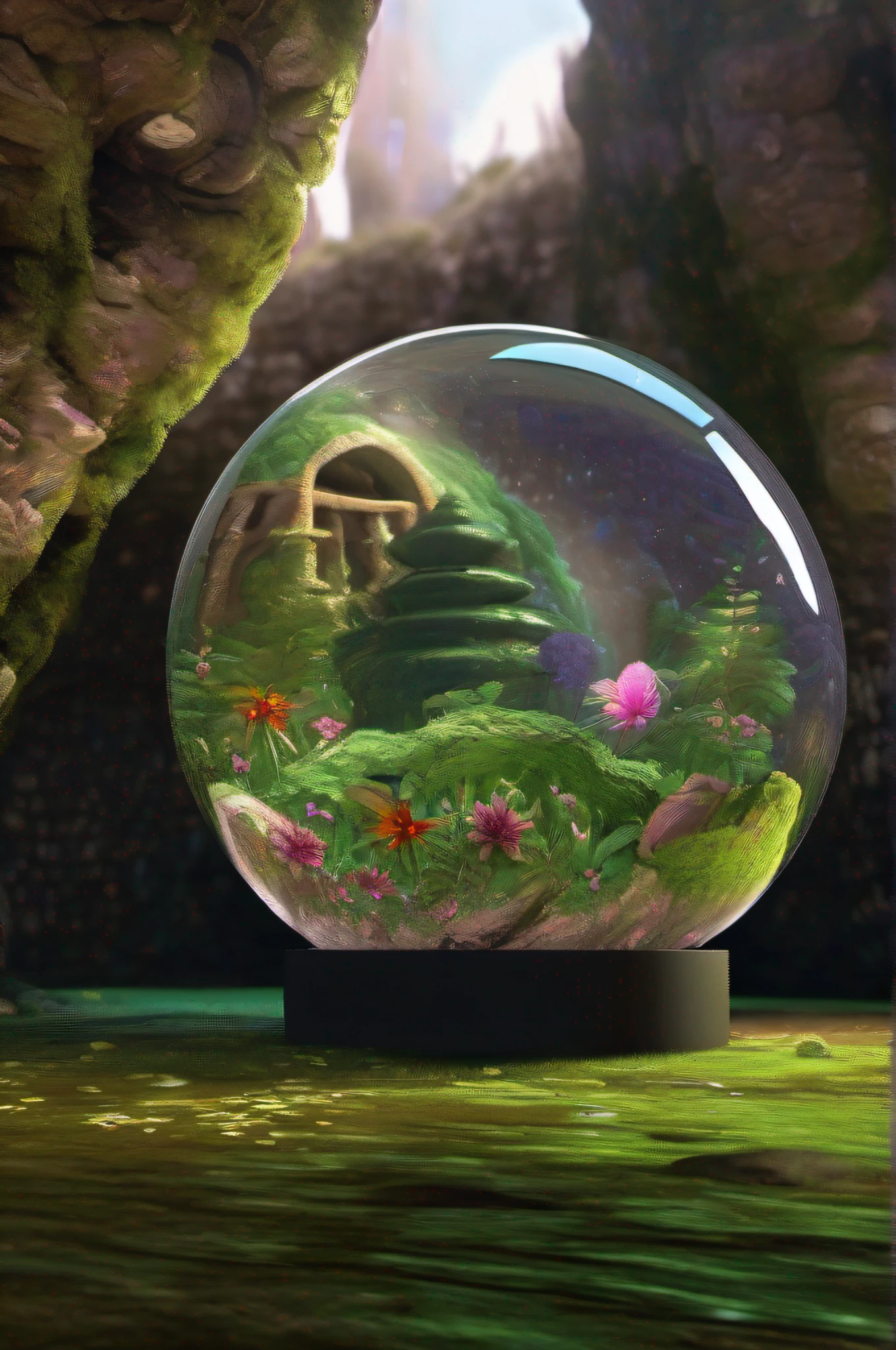 Glass sphere containing inside an alien biome of exotic flowers, The sphere is perched on moss lawn inside a cave with walls studded with gleaming minerals, detalhes intrincados, arte fantasia, arte de Clemilton Barbosa, arte premiada, 8k