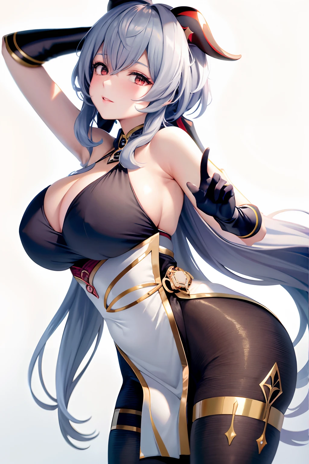 tmasterpiece,Best quality at best,1girl,独奏,a mature female,ganyu \(genshin impact \),greybackground,simple backgound,(kbxll:0.6),gigantic cleavage breasts,busty body,thick leg