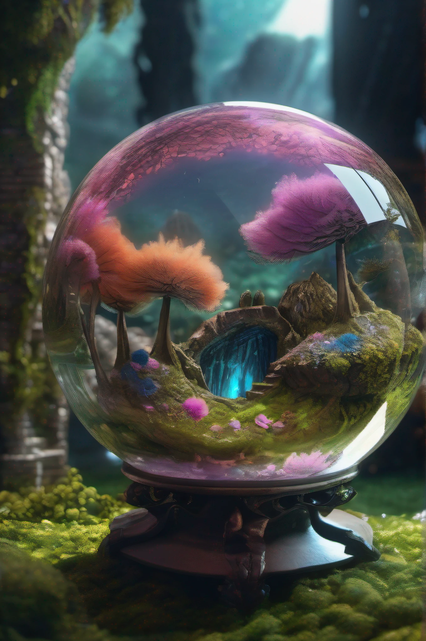 Glass sphere containing inside an alien biome of exotic flowers, The sphere is perched on moss lawn inside a cave with walls studded with gleaming minerals, detalhes intrincados, arte fantasia, arte de Clemilton Barbosa, arte premiada, 8k
