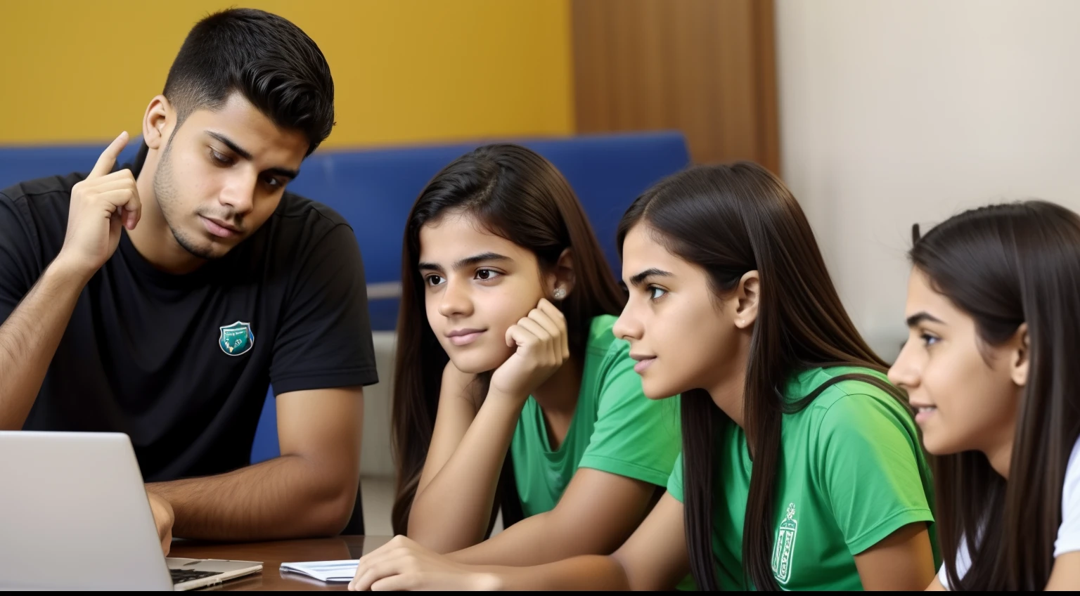 um jovem ajudando outros jovens a se desconectarem e se envolverem em atividades reais.